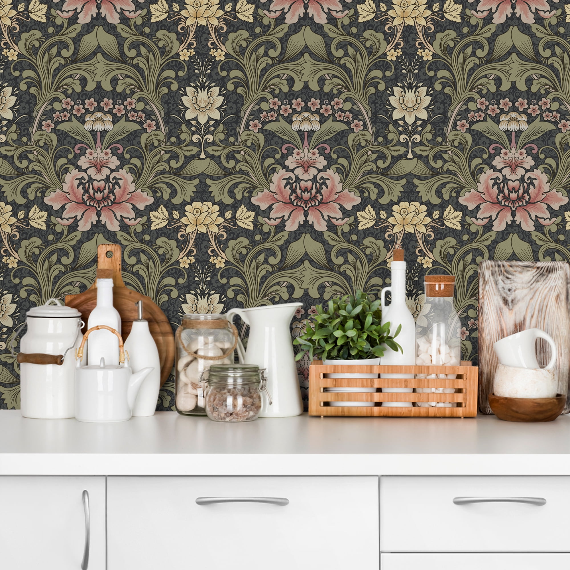 UMIGGEE Floral Boho Retro Peel and Stick Wallpaper, Self-Adhesive Removable Wall Covering for Home Decor and Furniture (Green, 17.7 in x 118 in) 026t9