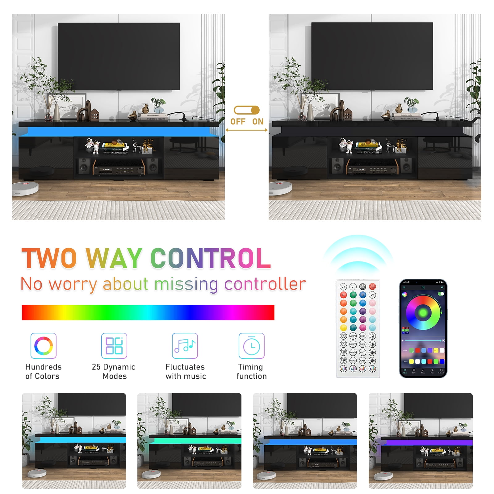 Chvans LED TV Stand for 85 in TVs with Power Outlet and RGB Lighting (Black, 75 in) 0xixa