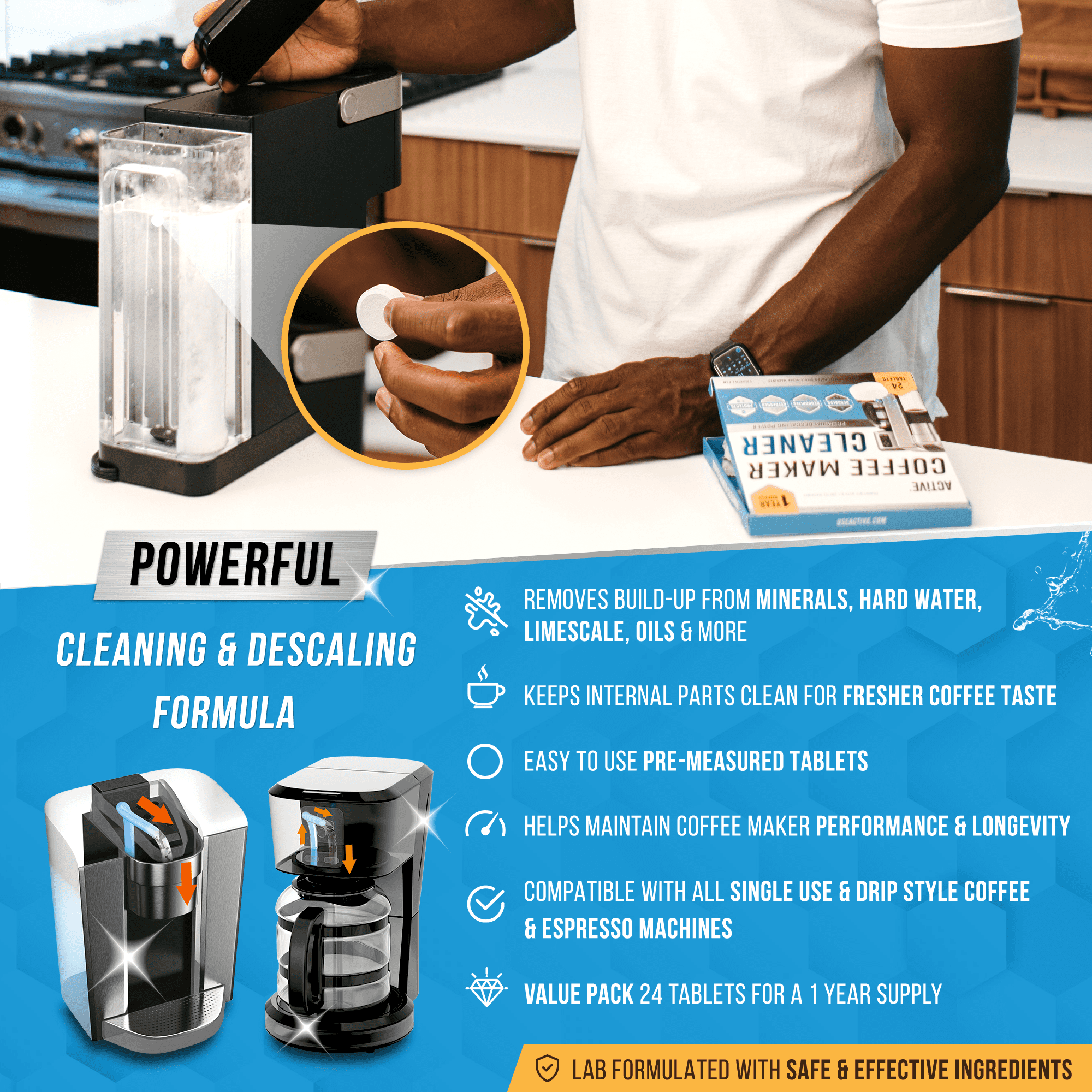 Active Coffee Machine Cleaner and Descaler Tablets for Keurig Nespresso Ninja Espresso (24 Count) 5cjy4