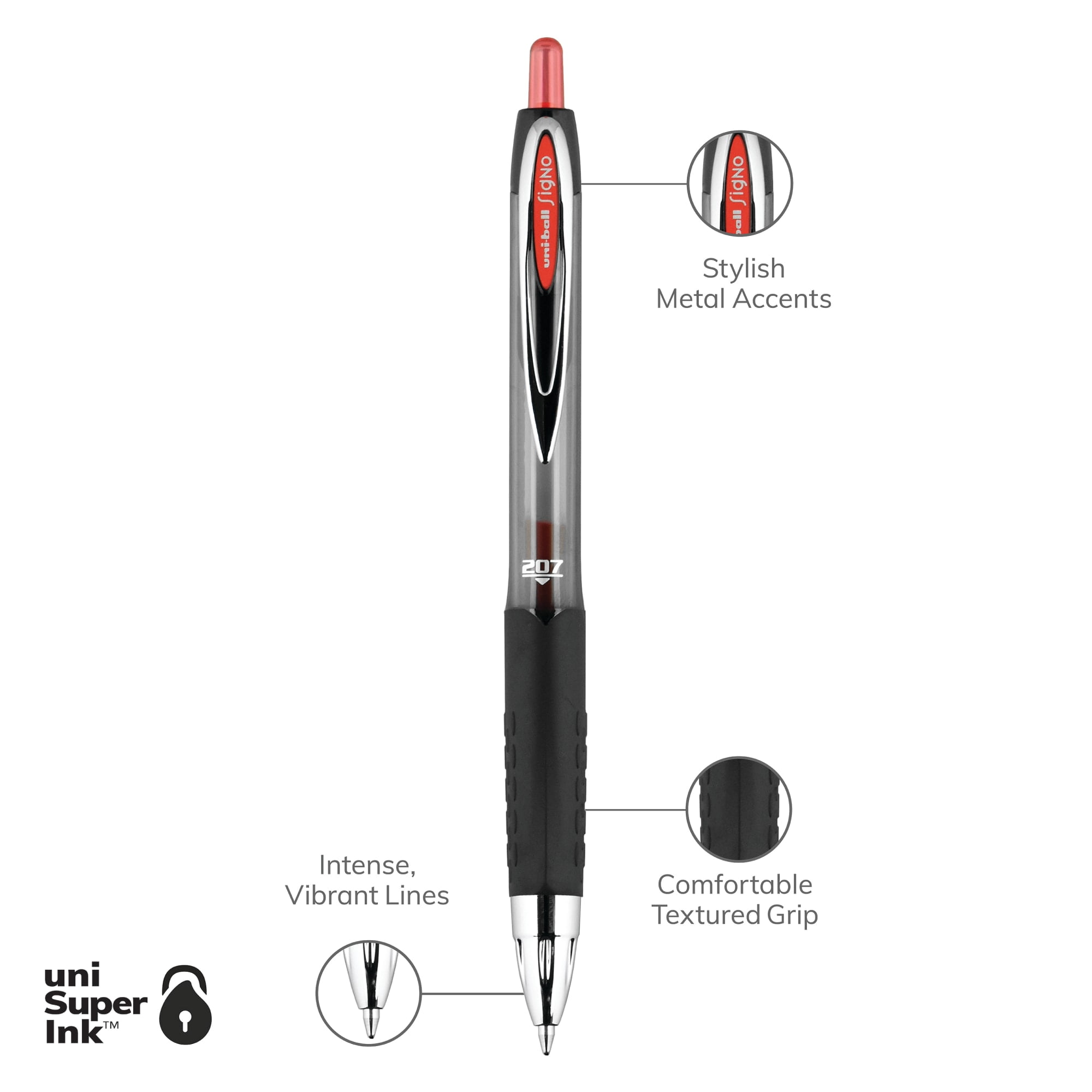 uniball 207 Retractable Gel Pens, Medium Point (0.028 in), Red, 12 Pack 5w4gh
