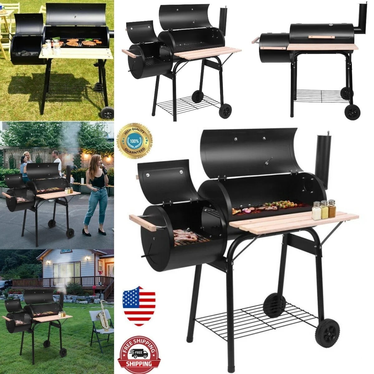 Bitiwend Charcoal Grill with Offset Smoker, Outdoor BBQ Grill with Side Table and Temperature Gauge (Black) zn2hj