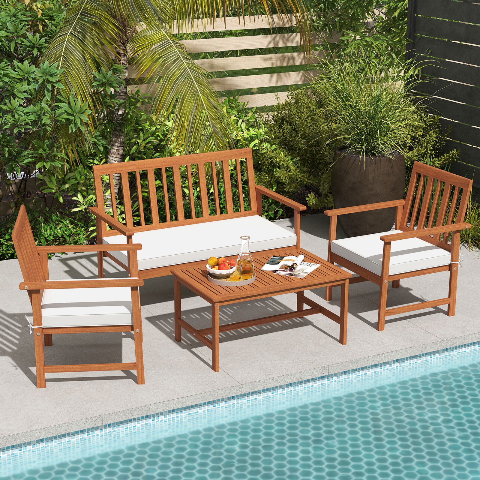 Gymax 4-Piece Acacia Wood Patio Conversation Set with Cushions (White, 4-Piece Set) zioc6