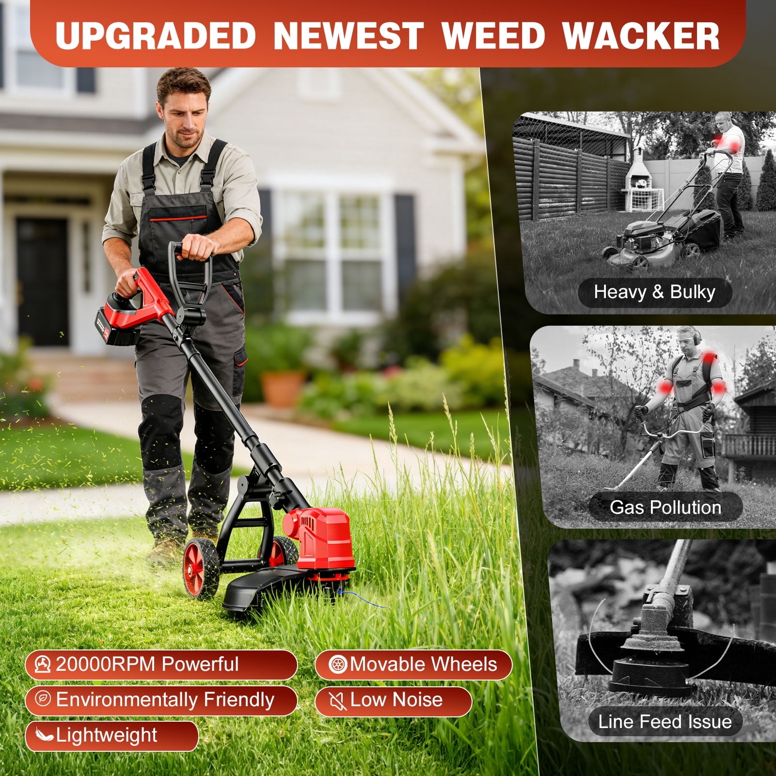 Tanbaby Cordless String Trimmer, Electric Weed Eater with 2 Batteries and Auxiliary Wheel (12 in) 3pzma