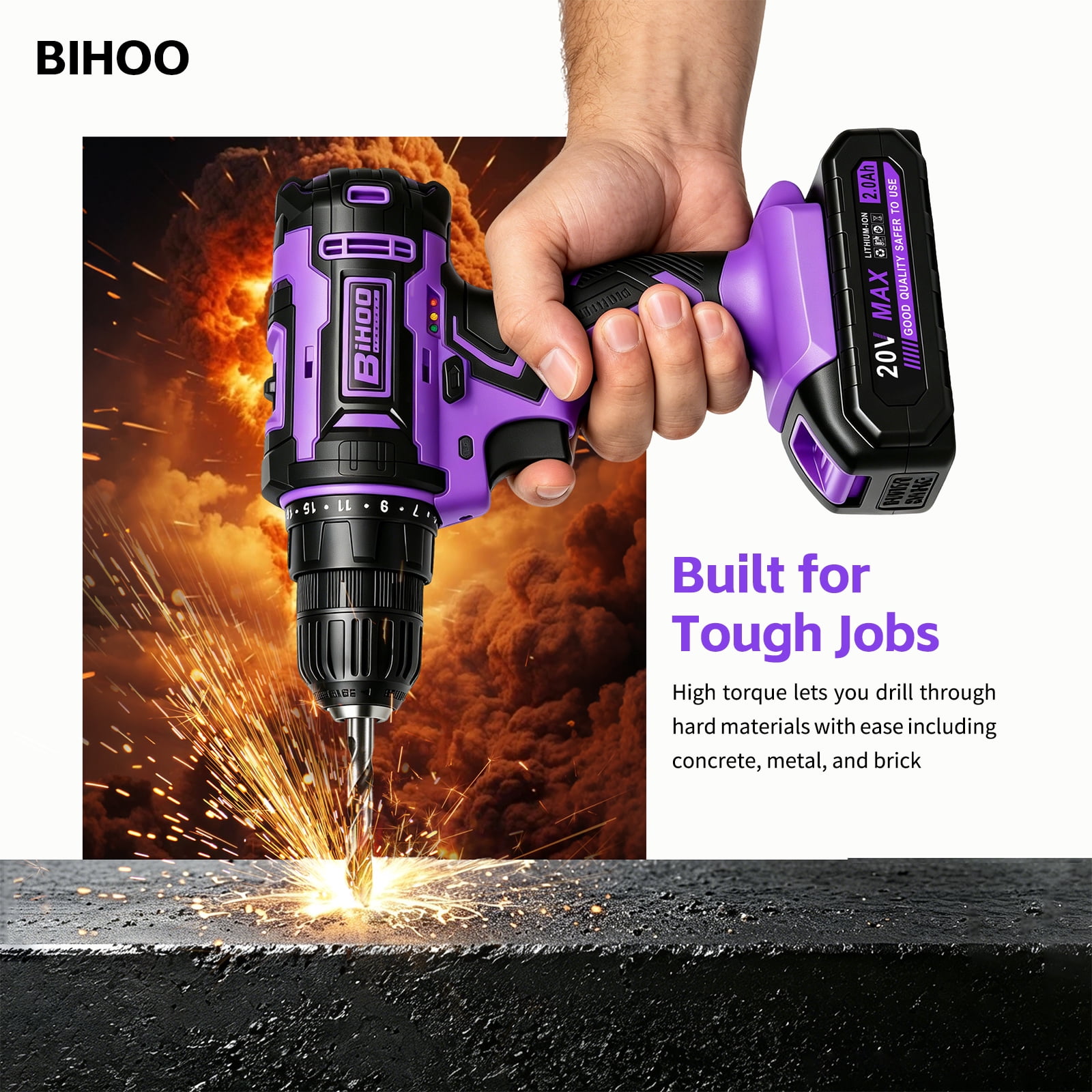 Loonpon 20V Cordless Power Drill Set with Battery and Charger (Purple, 3/8-Inch Chuck) yx8e0