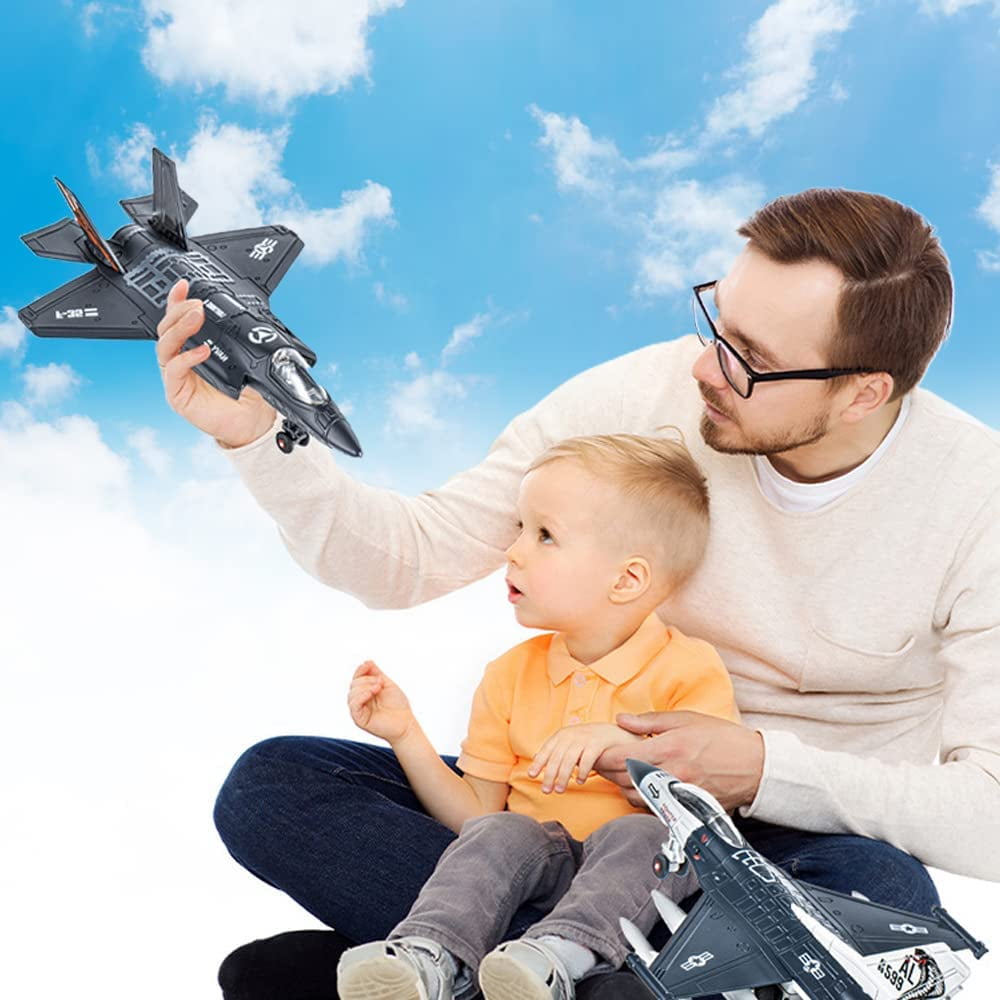 Ludolm F35 Fighter Jet Toy Diecast Metal Airplane Model with Lights and Sound (Blue, 8.5 in) pxq8p