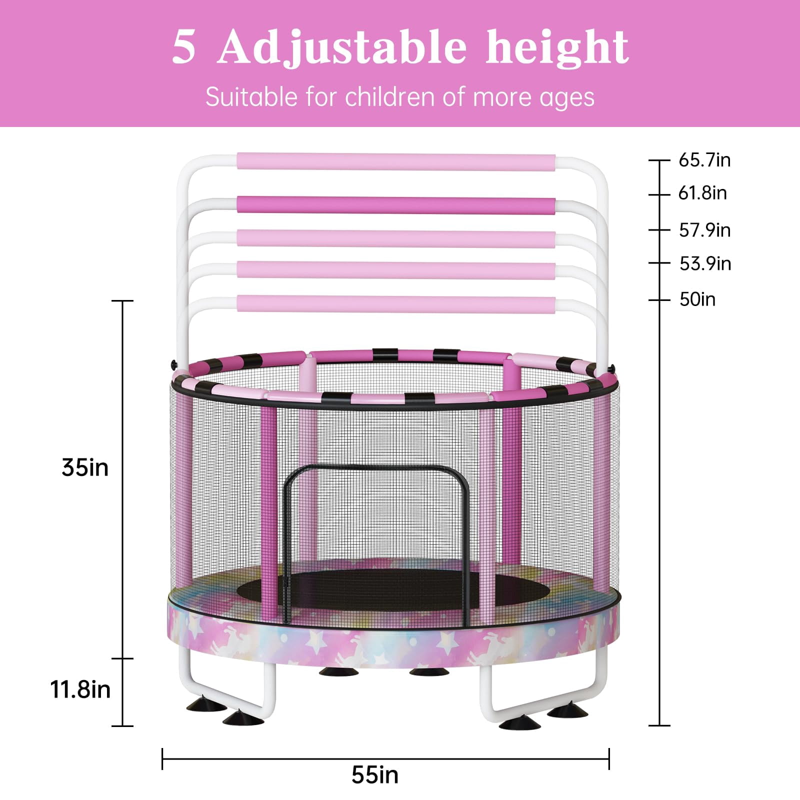Baxluxe 55 in 7-in-1 Kids Trampoline, Indoor Outdoor Activity Center with Basketball Hoop & Swing (Rainbow, 500 lb) utuqm