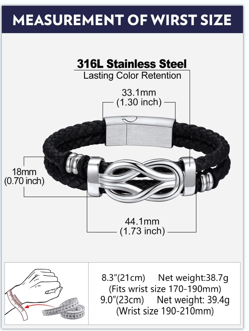 Bandmax Infinity Knot Leather Bracelet for Men, Stainless Steel Cuff with Message Card (Black, 8.3 in) vtnm0