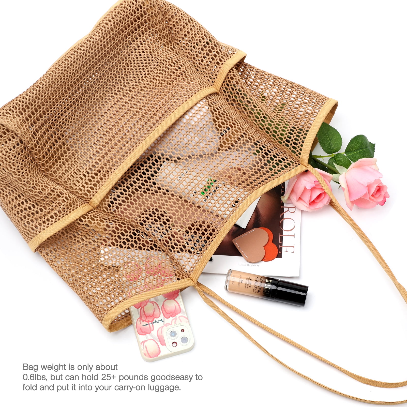 Gocvo Mesh Beach Bag for Women, Large Foldable Swim Tote with Pockets (Beige, 17 x 6.2 x 14 in) k1fg4 - Image 4
