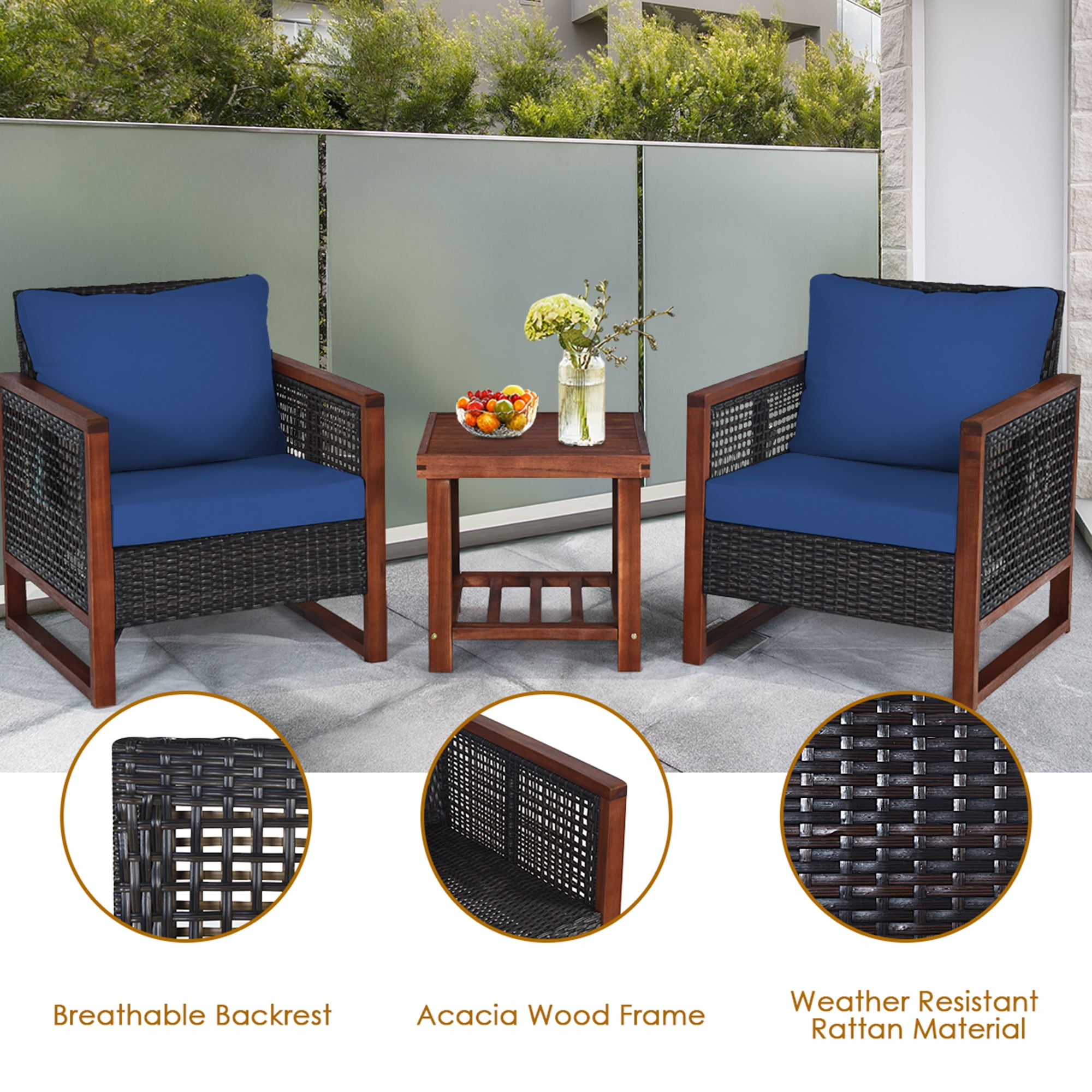 Gymax 3-Piece Rattan Wicker Patio Conversation Set with Navy Cushions (Acacia Wood Frame) 2o7cx