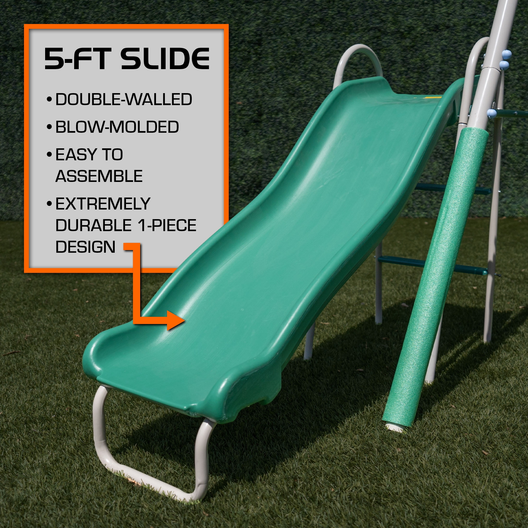 The Swing Company Yonkers Metal Swing Set with Glide Ride Trapeze Bar and 5 ft Slide (Green, 133.2 in L x 99.6 in W x 73.2 in H) bx4vy