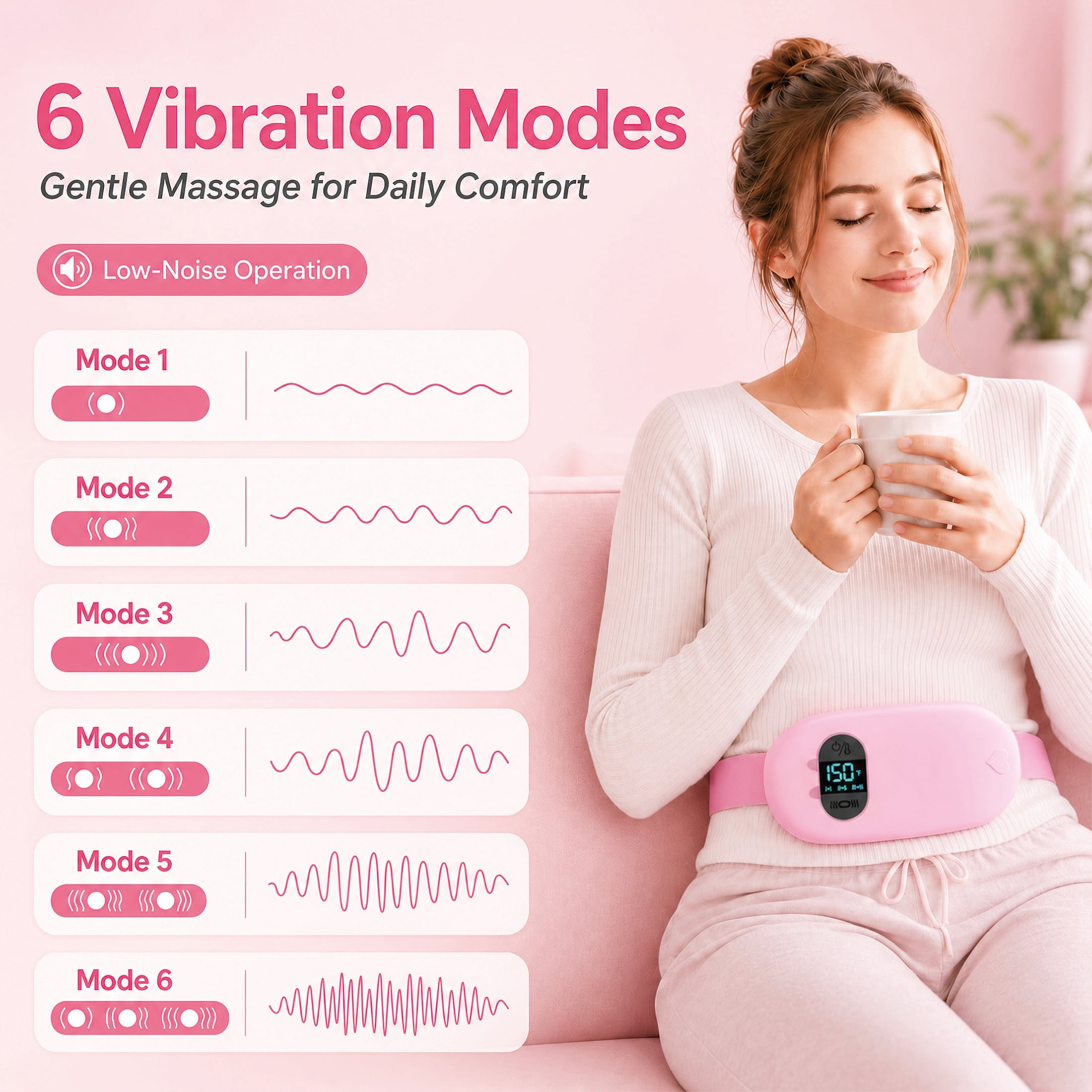 TeSabMi Cordless Heating Pad for Period Cramps, Portable Menstrual Belt with 6 Heat Levels & 6 Vibration Modes (Pink, 25.5 to 55 in) 4pgtx