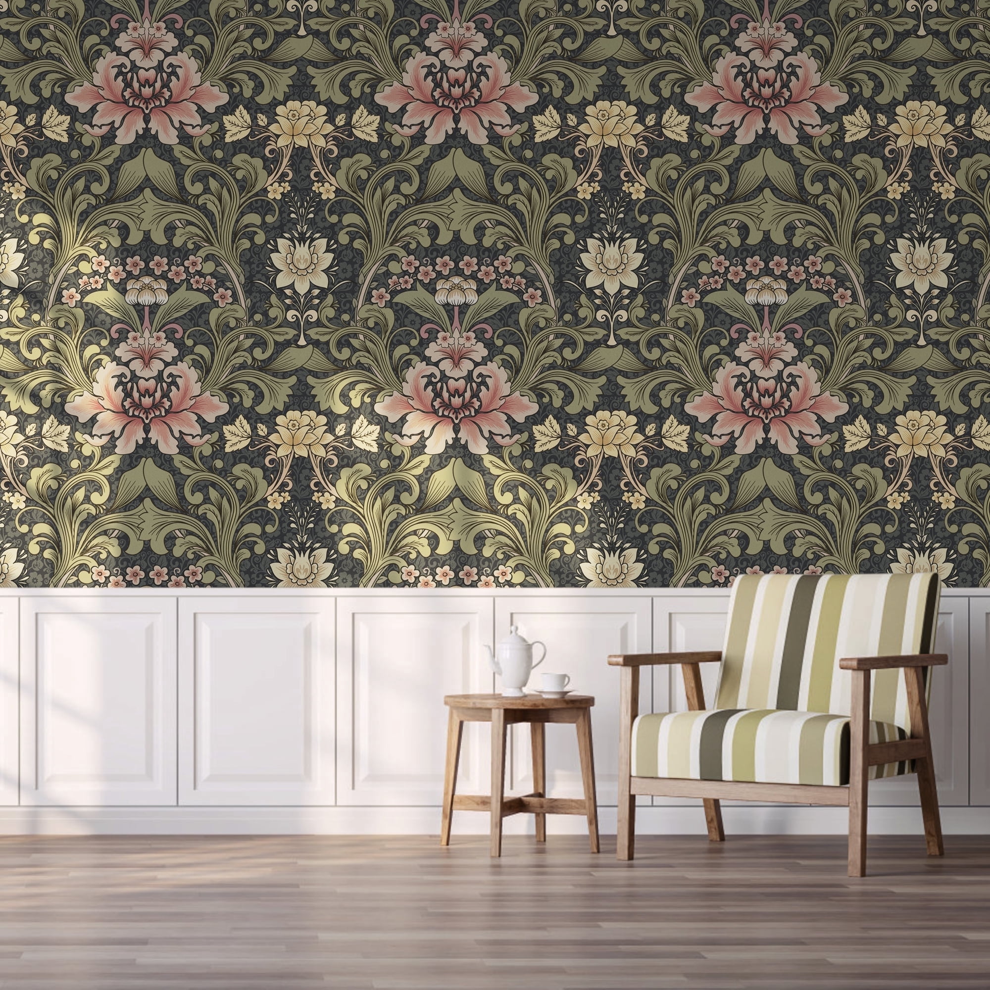 UMIGGEE Floral Boho Retro Peel and Stick Wallpaper, Self-Adhesive Removable Wall Covering for Home Decor and Furniture (Green, 17.7 in x 118 in) 026t9