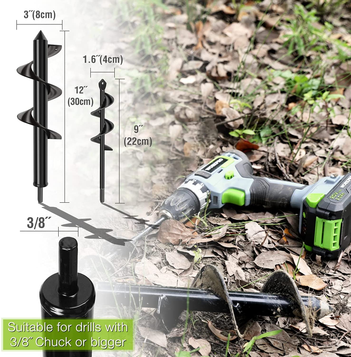 WORKPRO 2-Piece Garden Auger Drill Bit Set, Heavy-Duty Spiral Hole Digger for 3/8 in Hex Drive (1.6 in x 9 in and 3 in x 12 in) vqgup