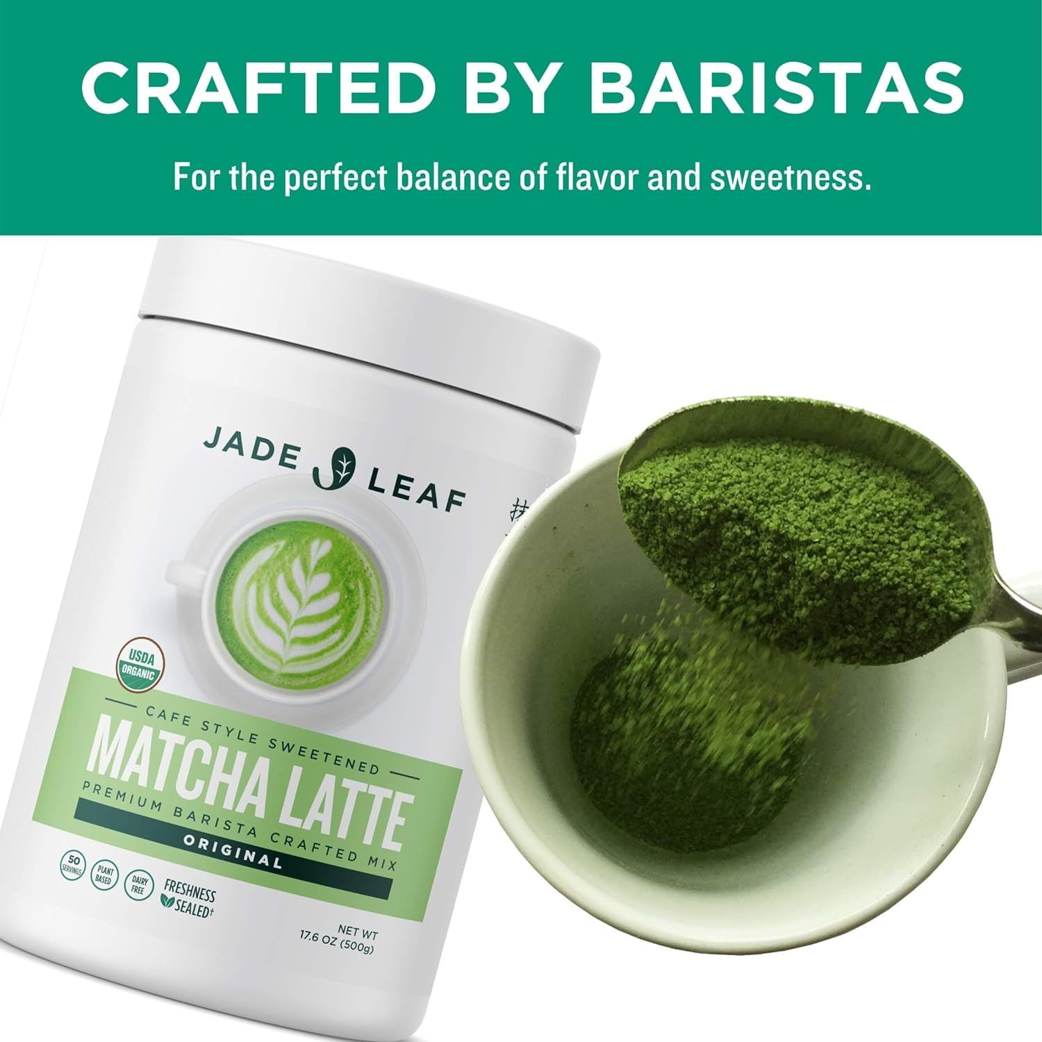 Jade Leaf Organic Matcha Latte Mix, Dairy-Free Green Tea Powder, Cafe-Style Drink Blend (Green, 17.6 oz) 180mr