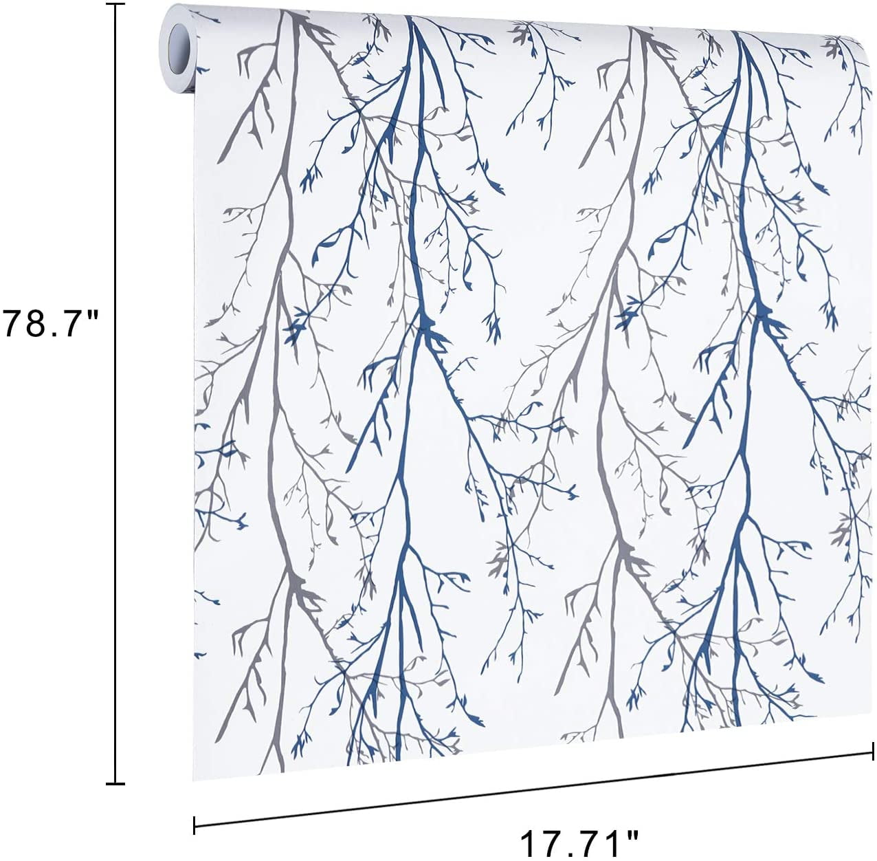 Caltero Peel and Stick Wallpaper, Grey Blue Tree Branch Self-Adhesive Decorative Wall Covering (17.7 in x 118 in) d7ze7