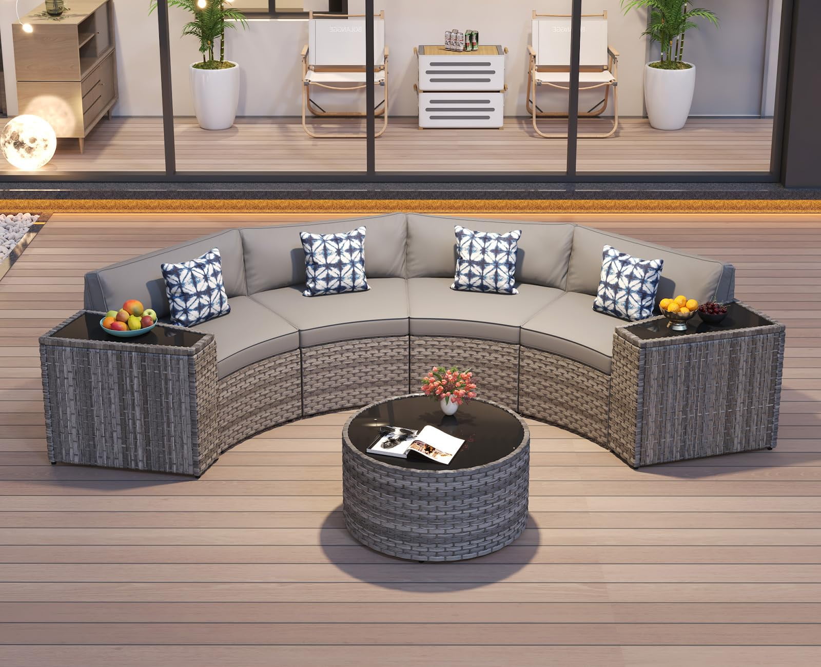 CDCASA 7 Piece Patio Furniture Set, All-Weather Wicker Rattan Curved Sectional Sofa with Coffee Table (Grey, 7 Piece Set) 2kfzr