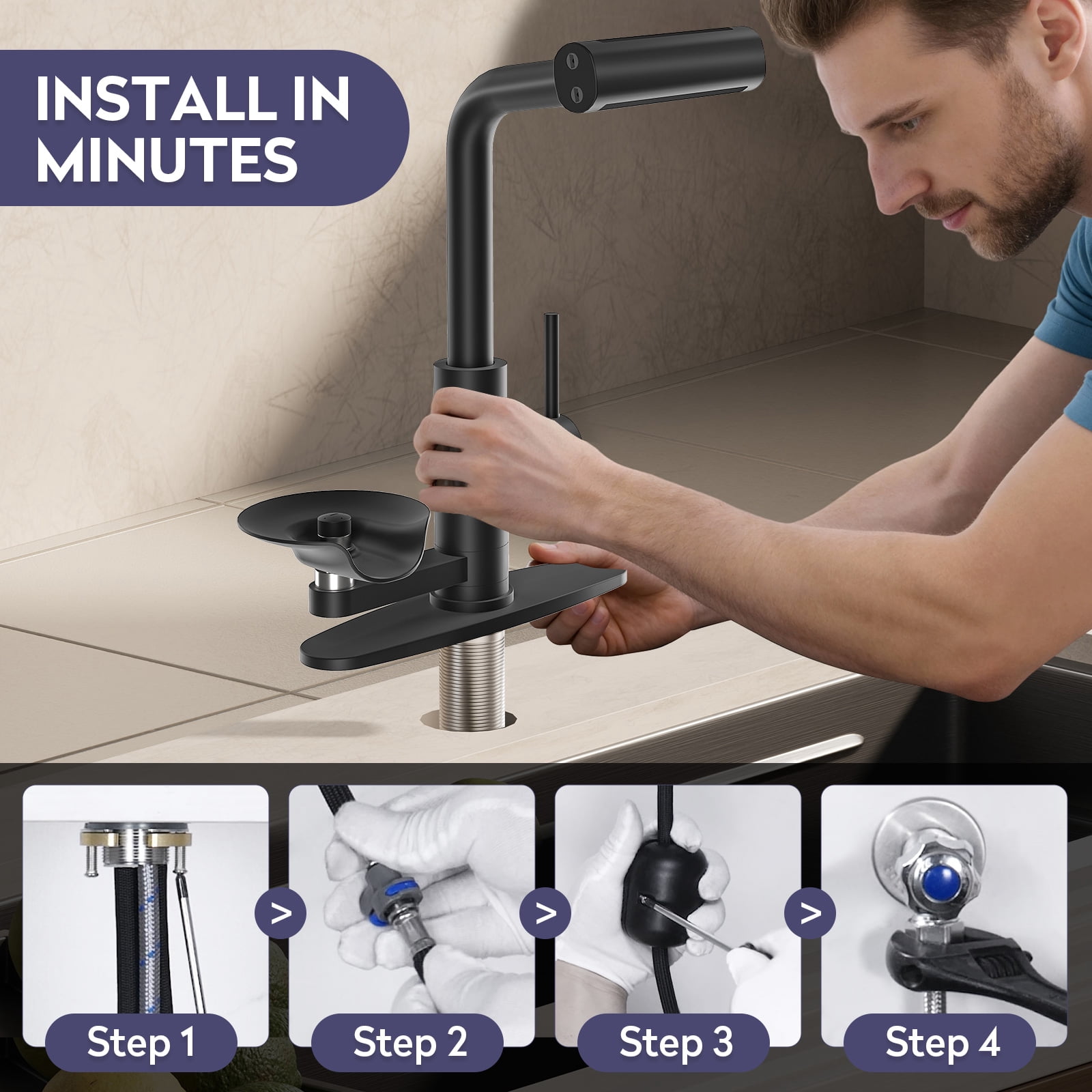 KAIYING Pull Down Kitchen Faucet with Sprayer and Integrated Glass Rinser (Matte Black, 14.96 in Hose) ja0w0