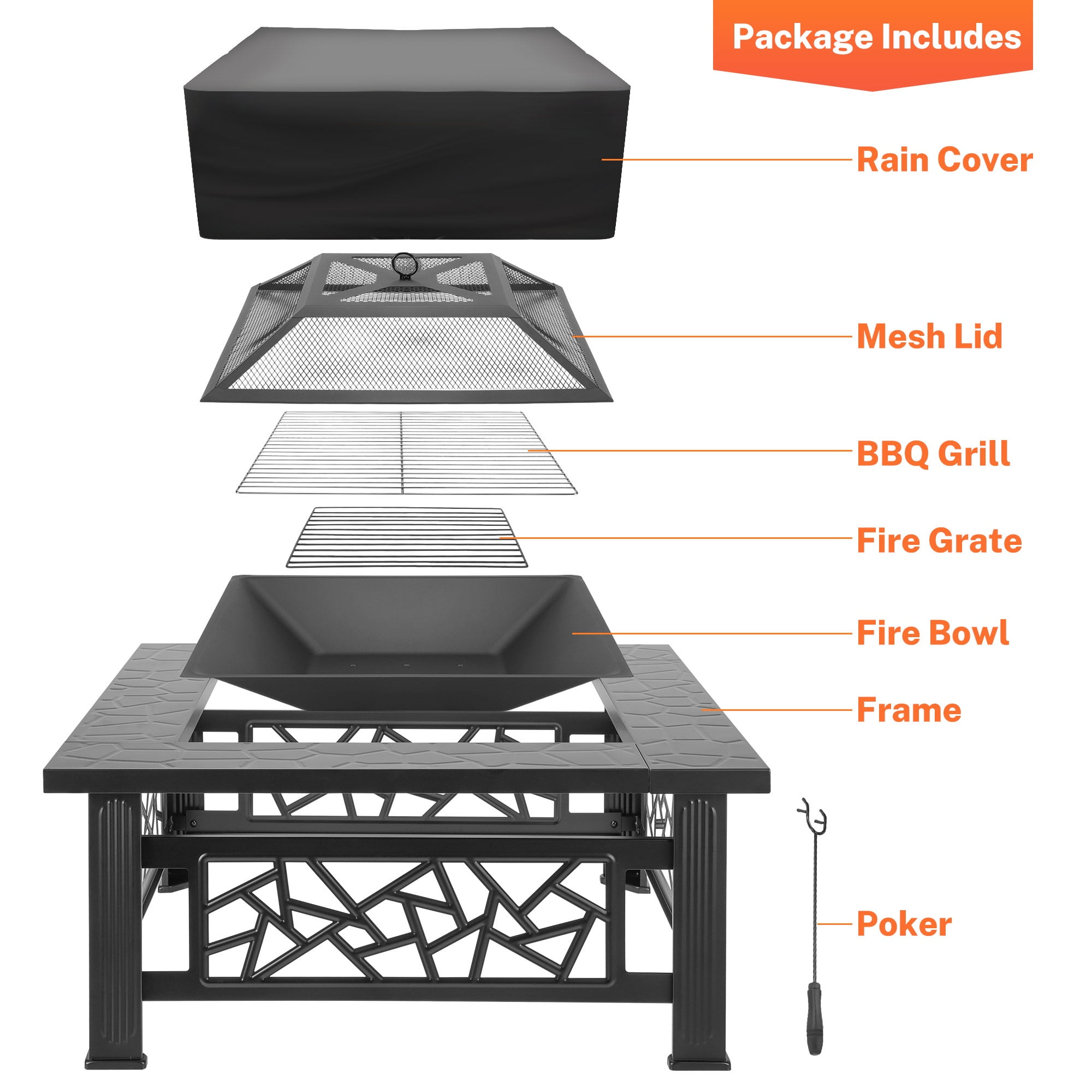 Segmart 32 in Square Outdoor Fire Pit with Spark Screen and Lid (Black, 32 in) 6juqy