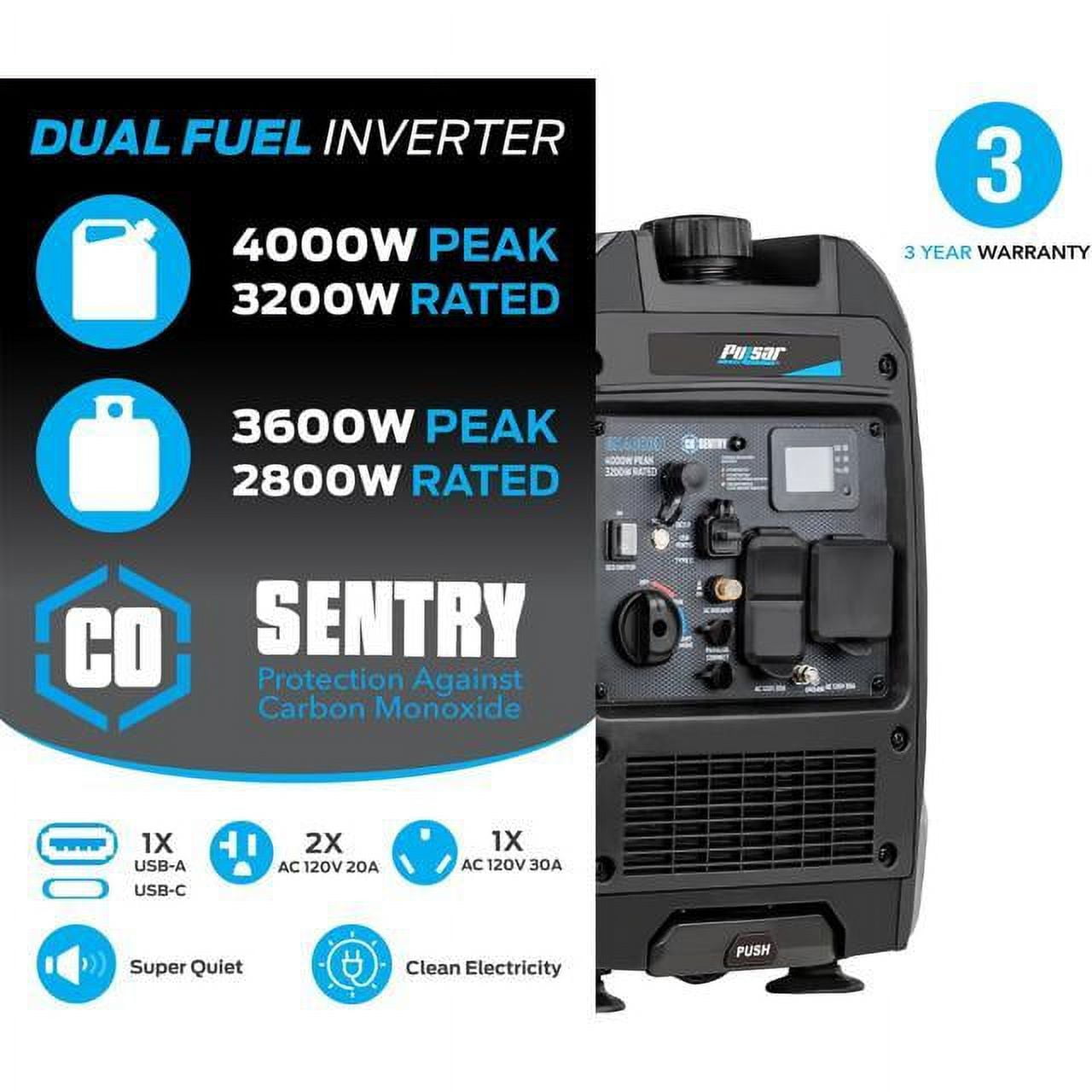 Pulsar Dual Fuel Inverter Generator 4000W GX400BN (Portable, Quiet, 30A RV Ready, 2.11 gal) 2bqsa