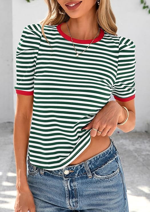 PRETTYGARDEN Women's Summer Puff Sleeve Crop Top Ribbed Knit Color Block Striped Shirt (Green, M) qljkp