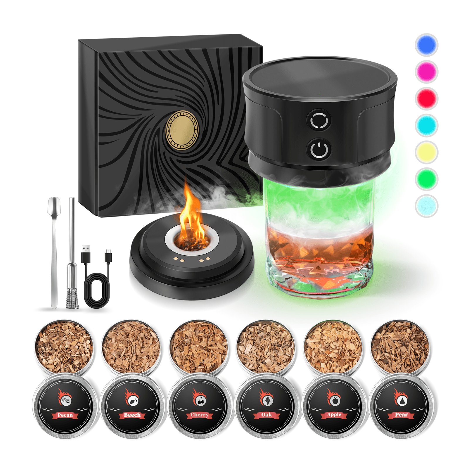 Nurforta Electric Whiskey Smoker Kit with RGB Lights, Portable Cocktail Infuser with 6 Wood Chip Flavors (Black, 3.9 in x 3.9 in x 3.5 in) 695iu