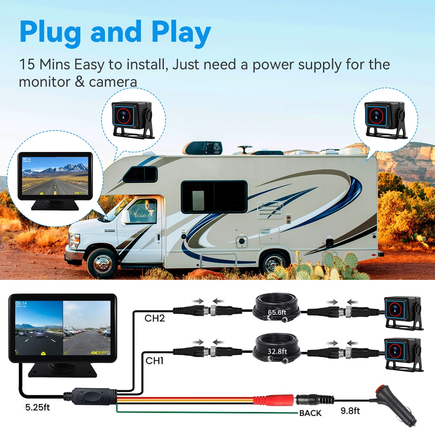 MHCBSR Wired Backup Camera System with 7-inch IPS Touchscreen Monitor and 64GB SD Card (Dual 1080P Cameras) b3auc