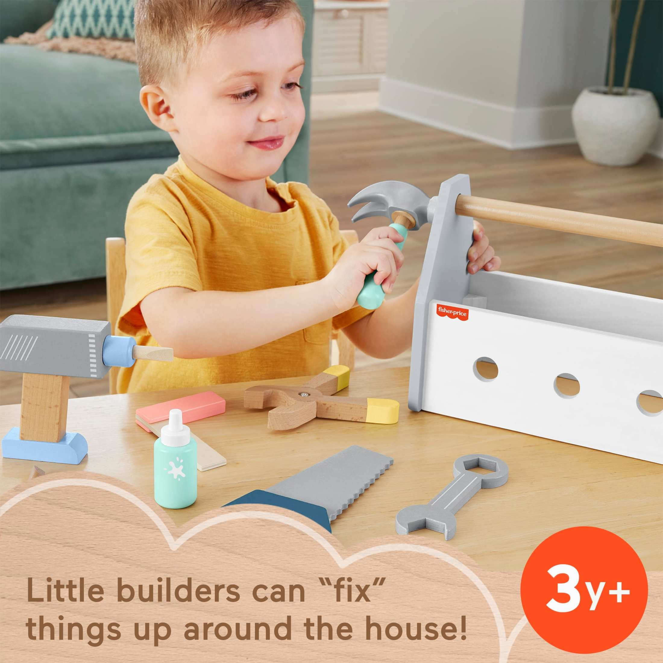 Fisher-Price Wooden Tool Box Set with Toy Drill and Construction Accessories (9 Pieces) 04roq