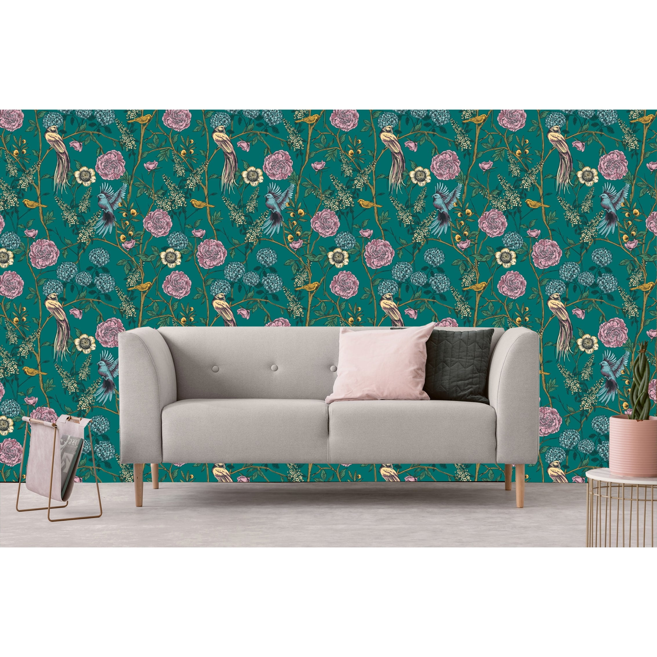 MuralsPrint Pine Floral and Birds Peel and Stick Wallpaper (Green, 10 ft x 24 in) rjkxz