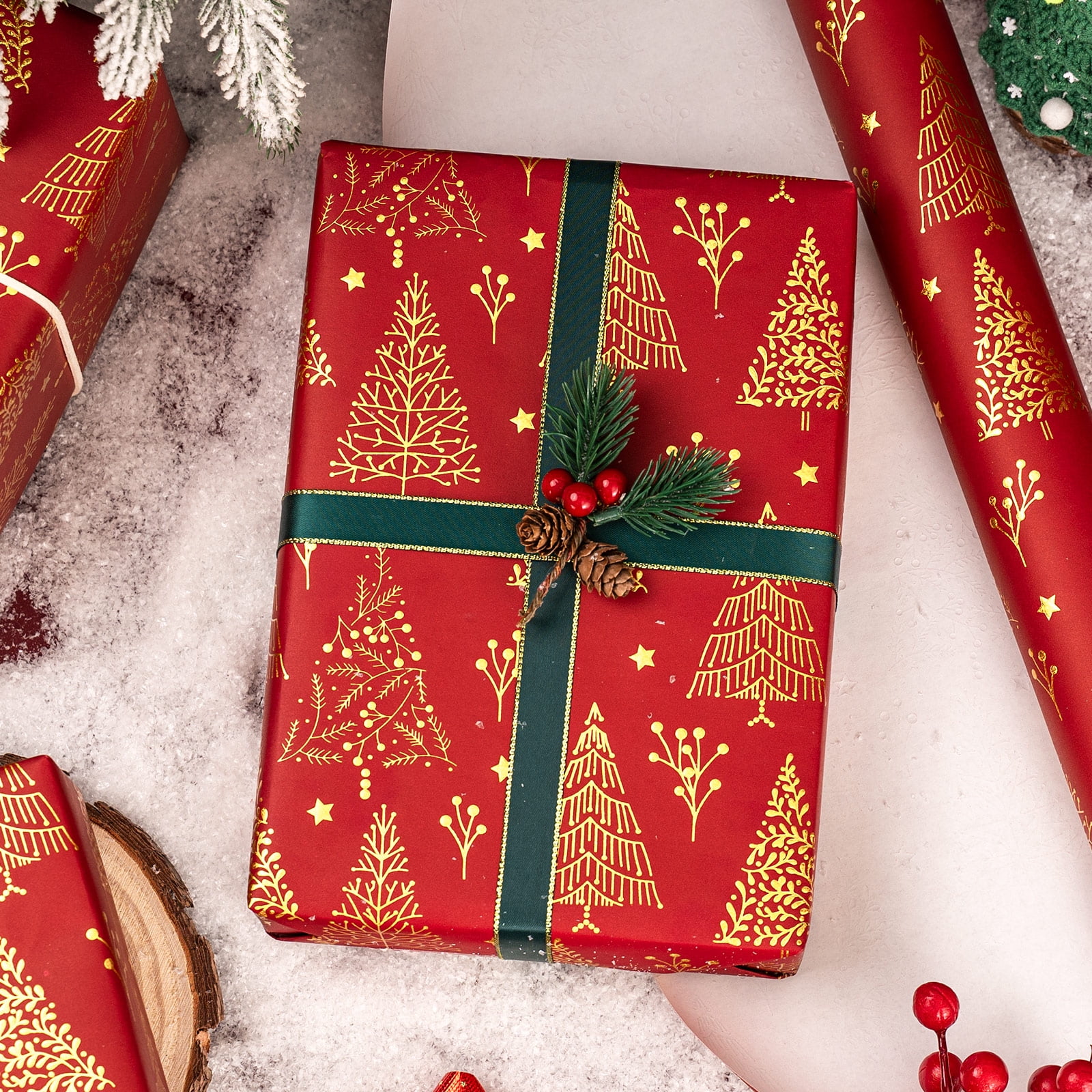 HOMERAL Christmas Wrapping Paper Roll (3D Embossed Metallic Foil Design, Red, 17 in x 33 ft) w29yq