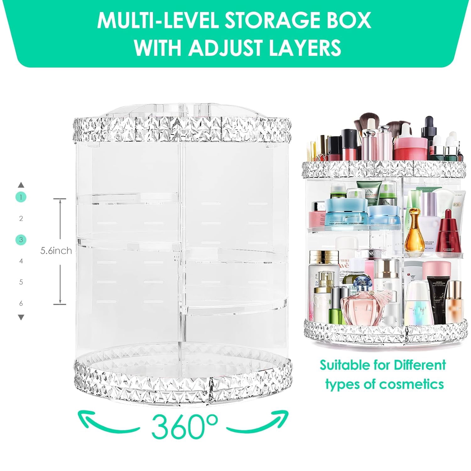 RIFESHOW 360 Rotating Makeup Organizer, Adjustable Large Capacity Cosmetic Display Case (Clear, 12 in x 9 in) 6wdbv