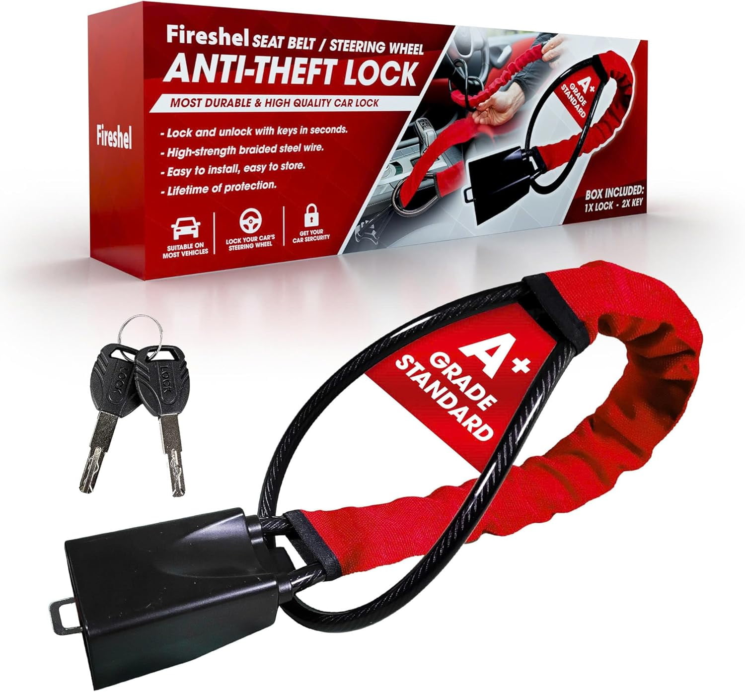FIRESHEL Universal Steering Wheel Anti-Theft Lock, Heavy-Duty Steel Cable Security Device for Cars, SUVs, and Trucks (19.7 in) 0ybqk