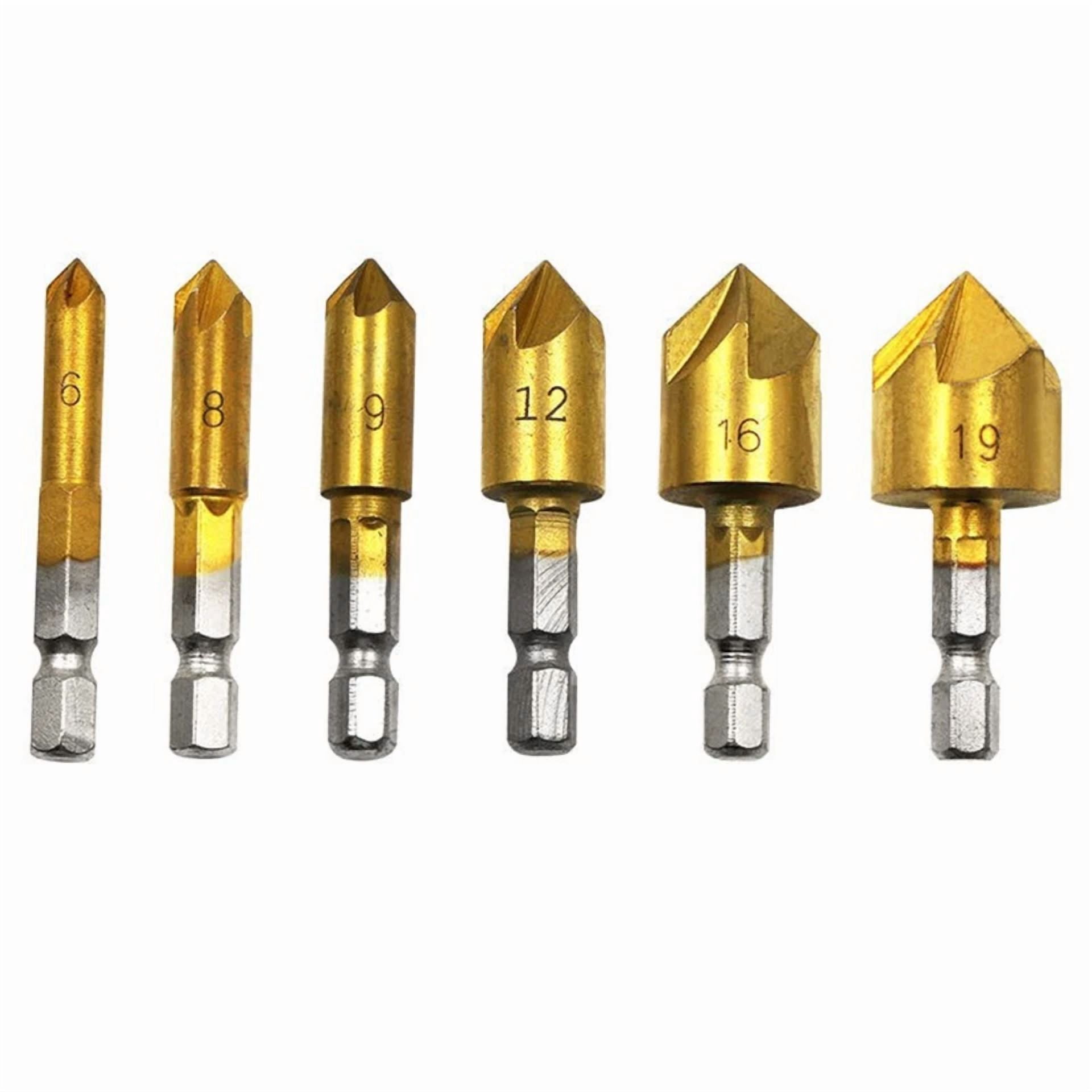 KLYNE 6-Piece Countersink Drill Bit Set, 5-Flute 90-Degree Chamfer Cutter for Wood and Metal (6mm to 19mm) rr9jv