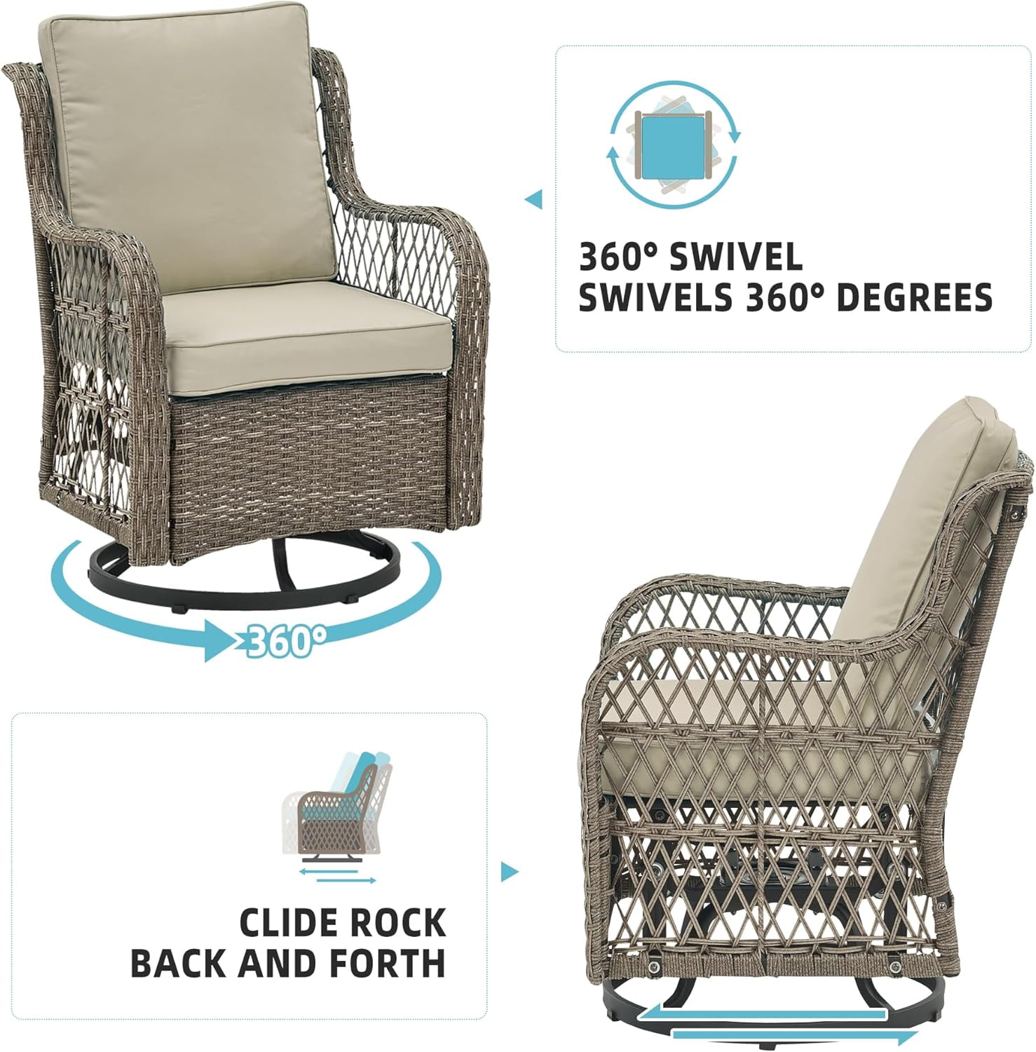 IdealHouse 3-Piece Wicker Patio Swivel Rocker Set (Grey & Apricot, 2 Glider Chairs with Side Table) 9tsuc