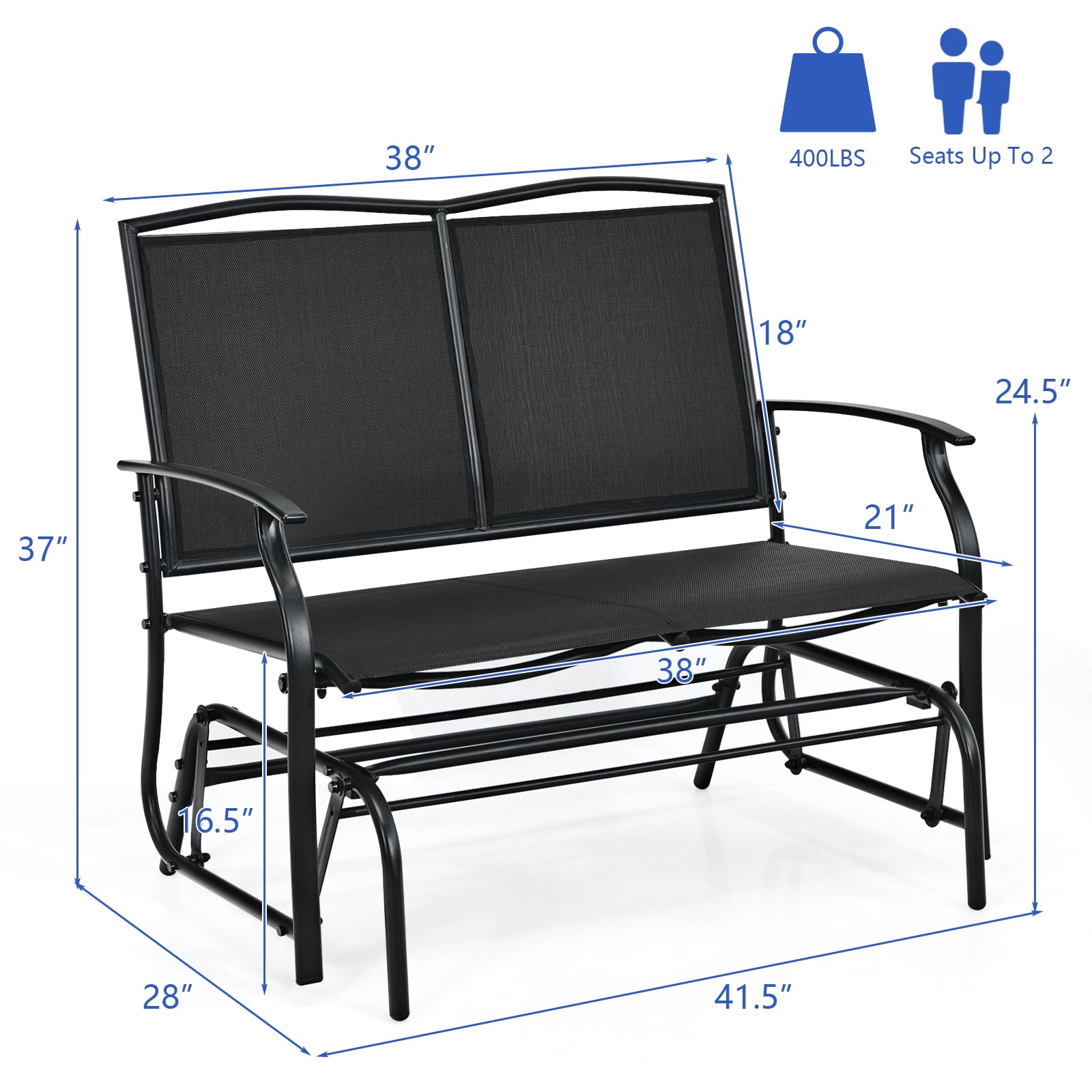 Patiojoy 2 Person Outdoor Glider Bench Rocking Lounge Chair with Steel Frame (Black, 396 lb Capacity) gsij5