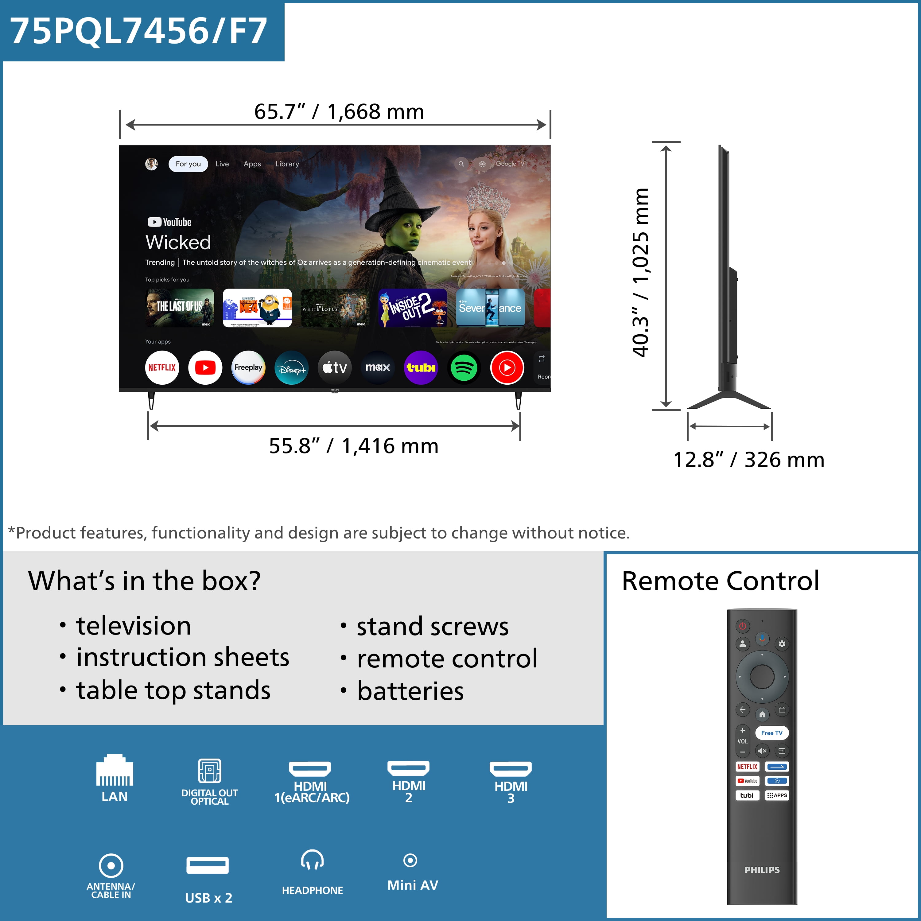 Philips 75-inch Class QLED 4K UHD Google Smart TV (Black, 75 in) wanh4