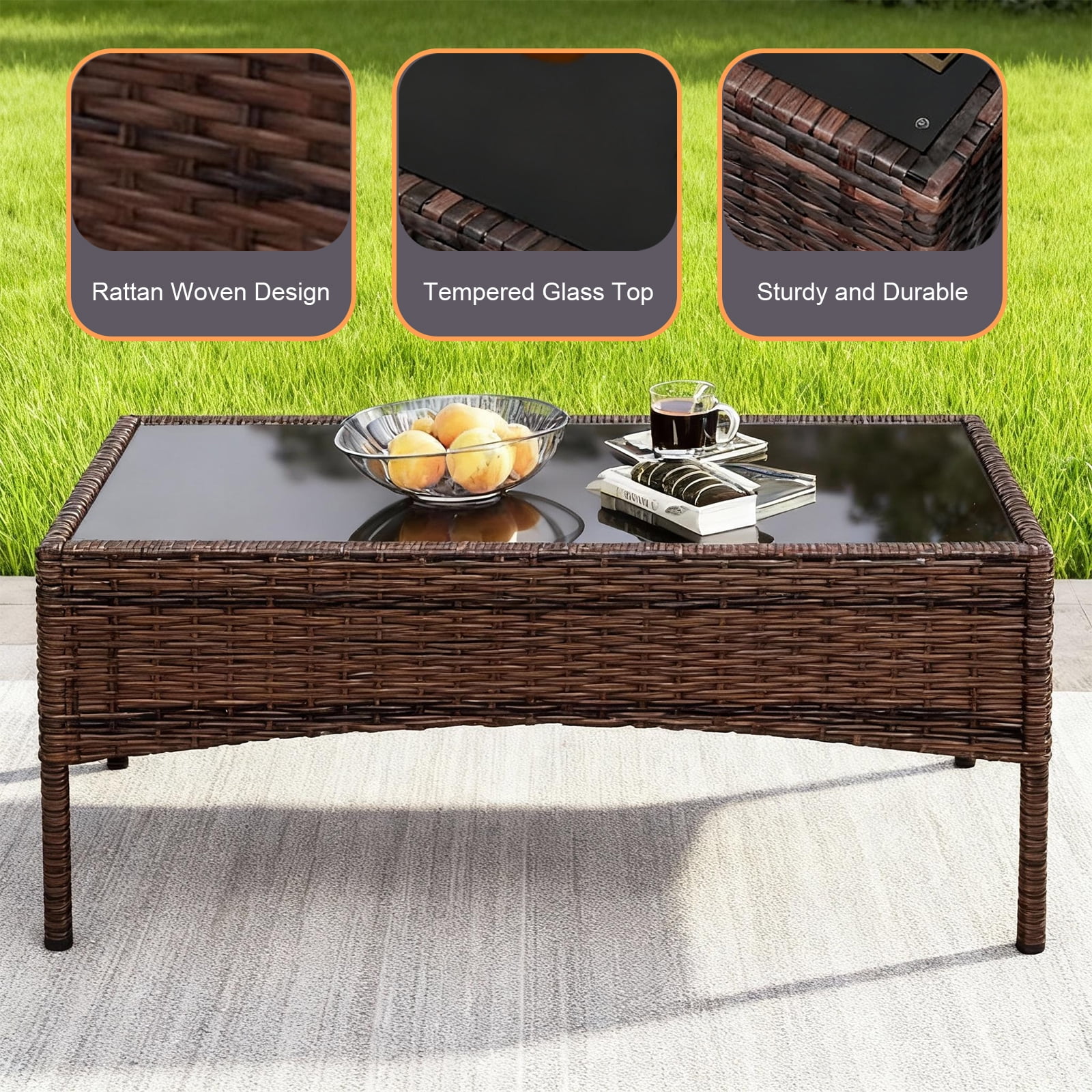 HOYOA 4-Piece Patio Rattan Conversation Furniture Set with Cushions (Brown/Blue, 4-Piece Set) 7gy97