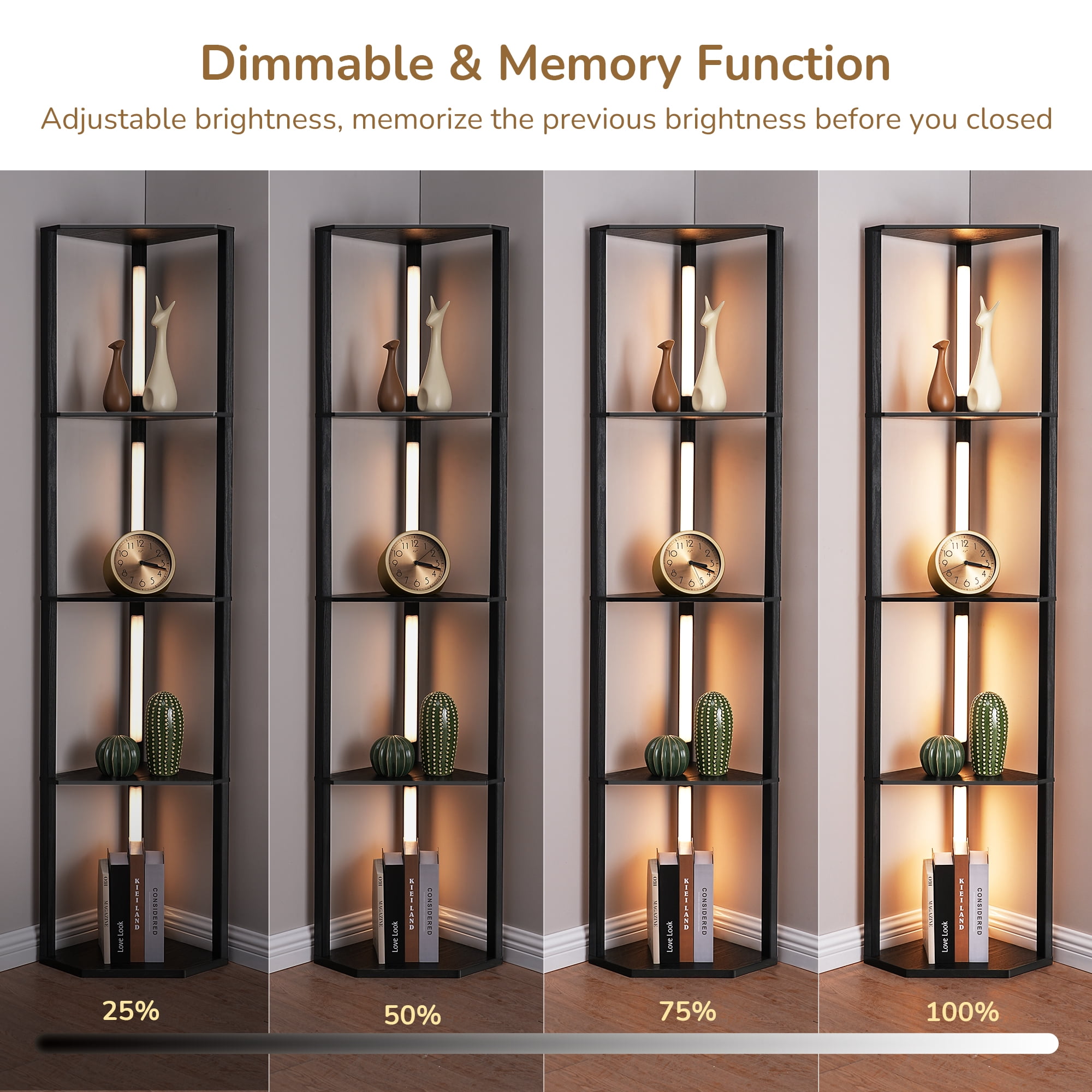 EDISHINE LED Shelf Floor Lamp, Modern Corner Standing Light with 4-Tier Storage Shelves, 3-Color Temperature & Dimmable (Black, 64.2 in) fwj29