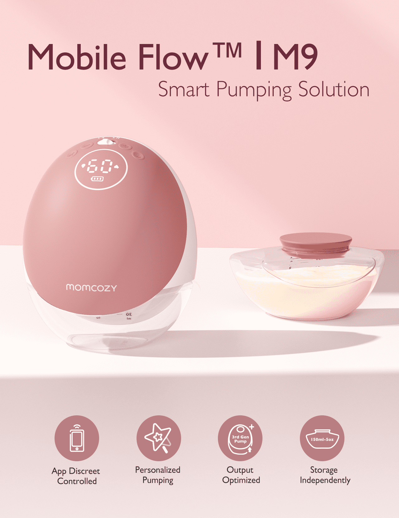 Momcozy M9 Hands-Free Wearable Breast Pump, App-Controlled Portable Milk Extractor (Cozy Red, 2 Pack, 5.07 fl oz) zs18a