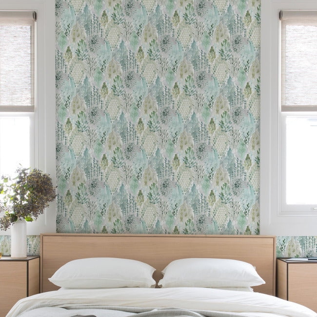 RoomMates Watercolor Tree Mosaic Peel and Stick Wallpaper (Green, 20.5 in x 18 ft) lboli