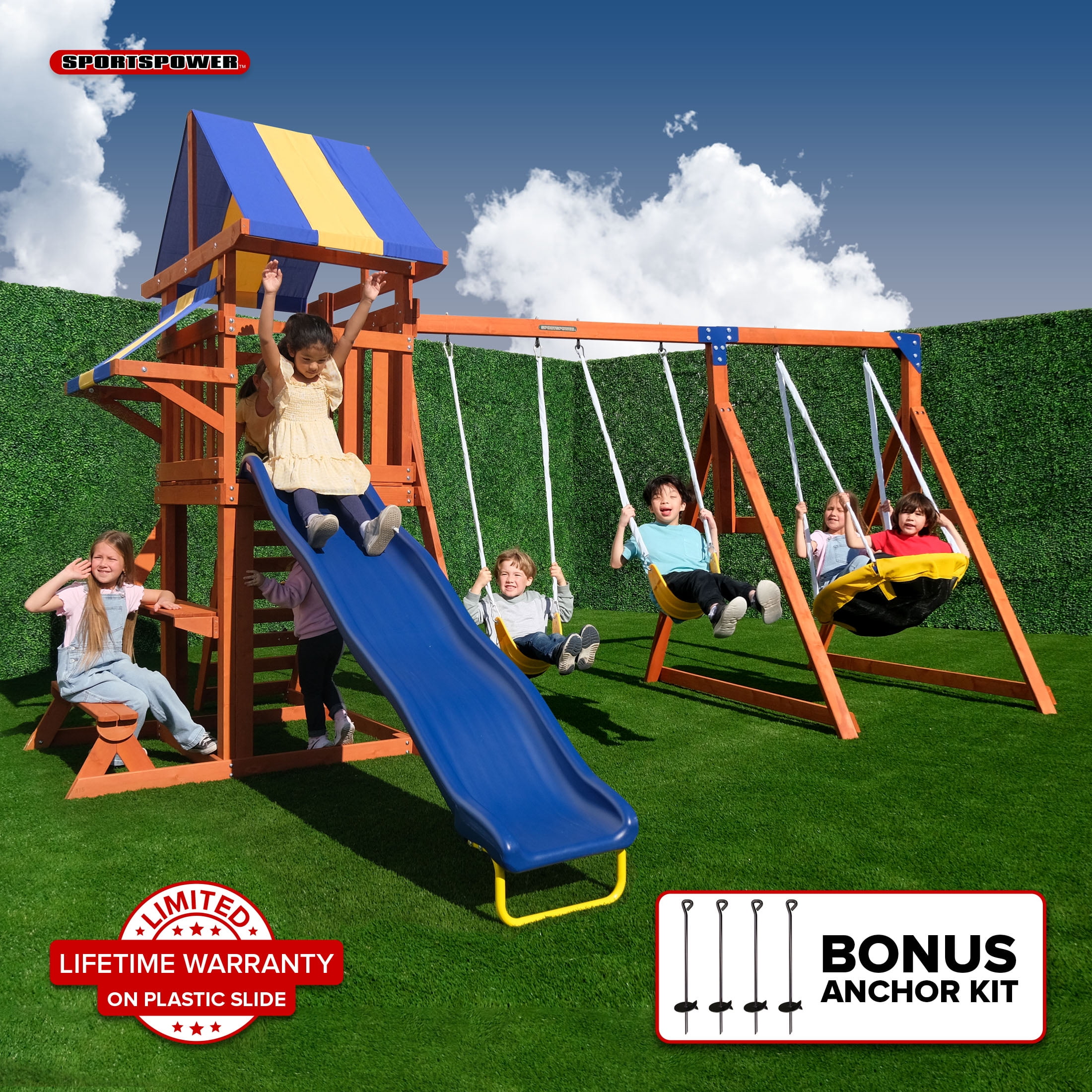 Sportspower Willow Creek Wooden Swing Set with Saucer Swing, Play Fort, Sandbox, and 8 ft Slide (One Size) 6wayx