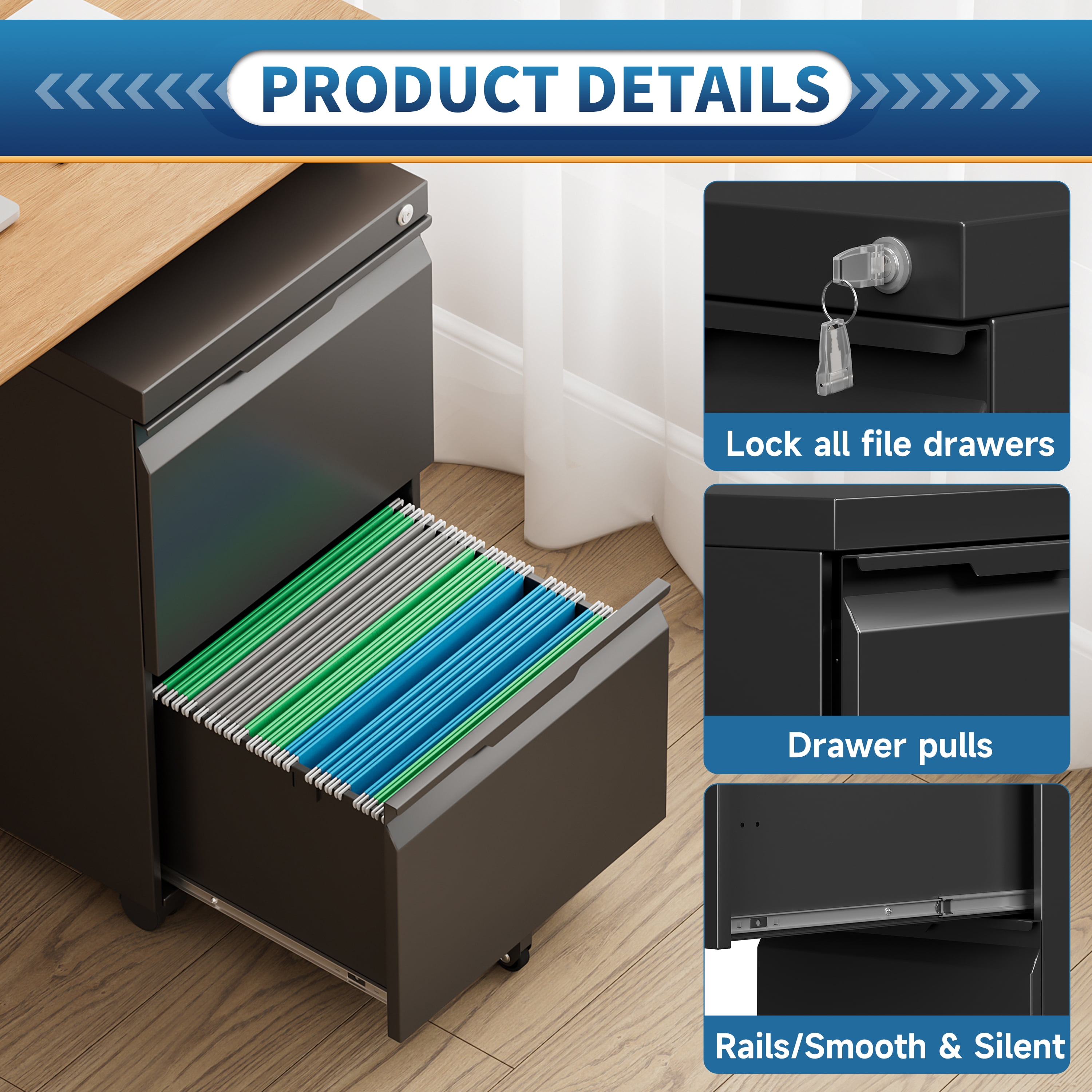 Kooyon 2-Drawer Metal File Cabinet with Lock, Rolling Under Desk Storage Organizer (Black, 14.6 in x 17.3 in x 26.5 in) b5zp3