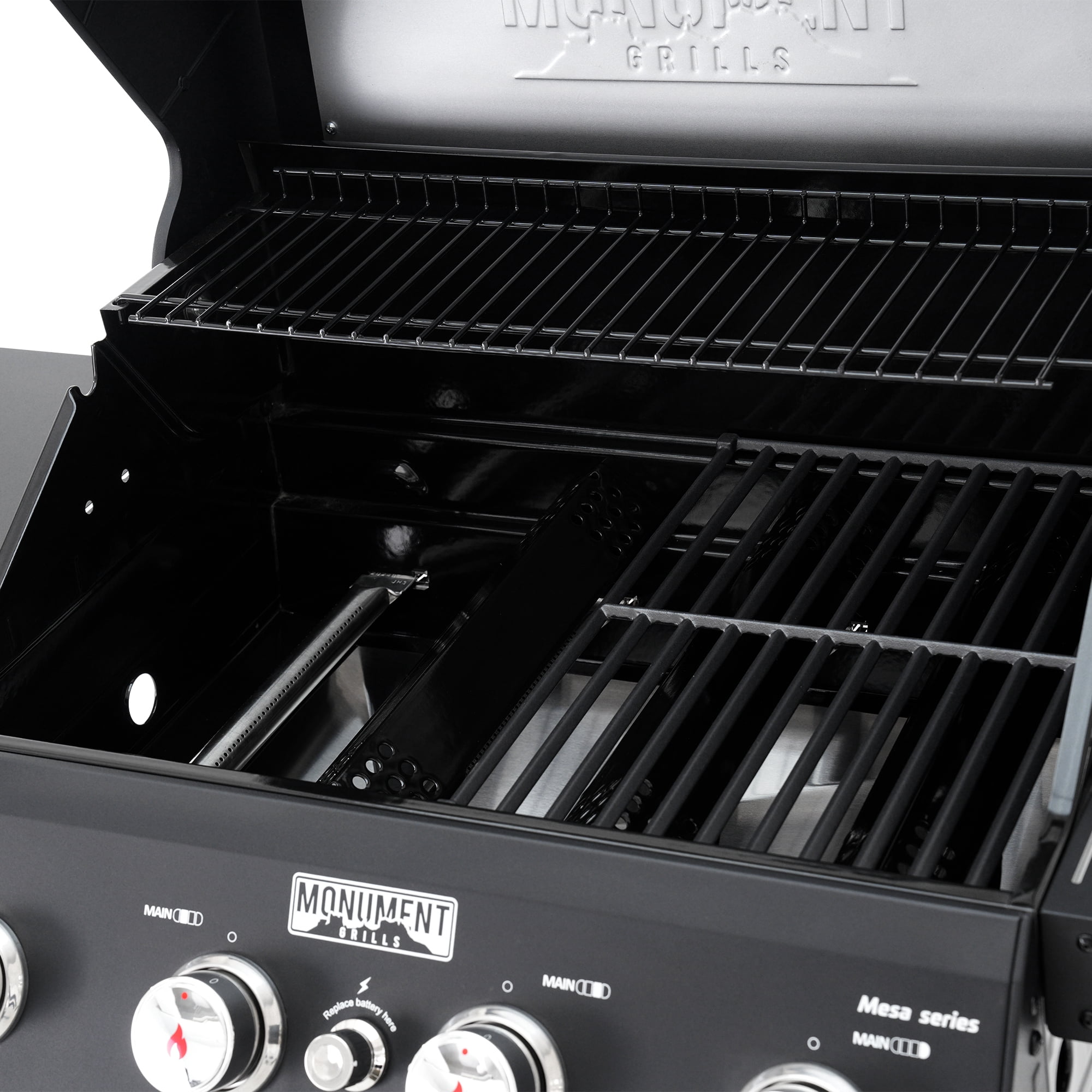 Monument Grills 4-Burner Liquid Propane Gas Grill, Stainless Steel Outdoor BBQ with Clearview Lid and Foldable Side Shelf (Black, 570 sq. in.) is2t4