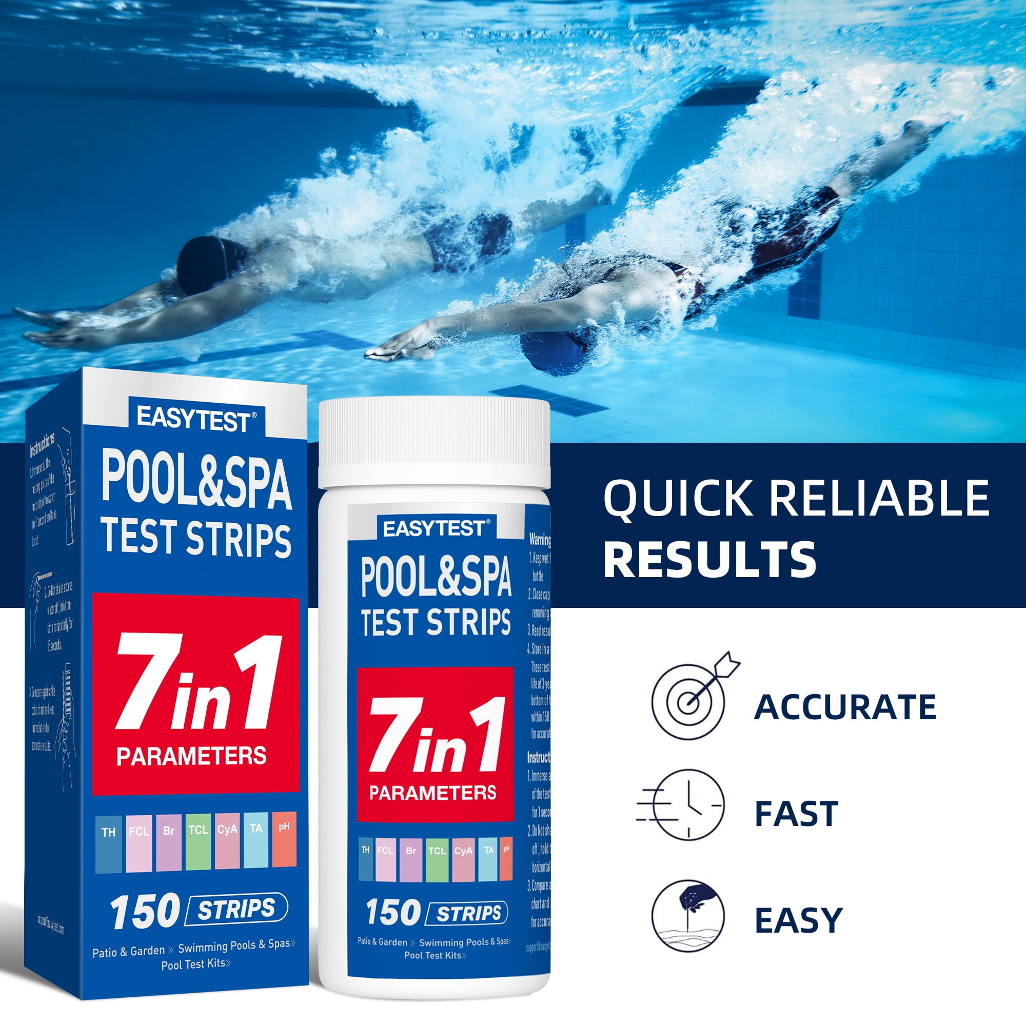 EASYTEST 7-in-1 Pool and Spa Water Quality Test Strips, Accurate pH, Chlorine, and Hardness Testing (150 Strips) 73srx