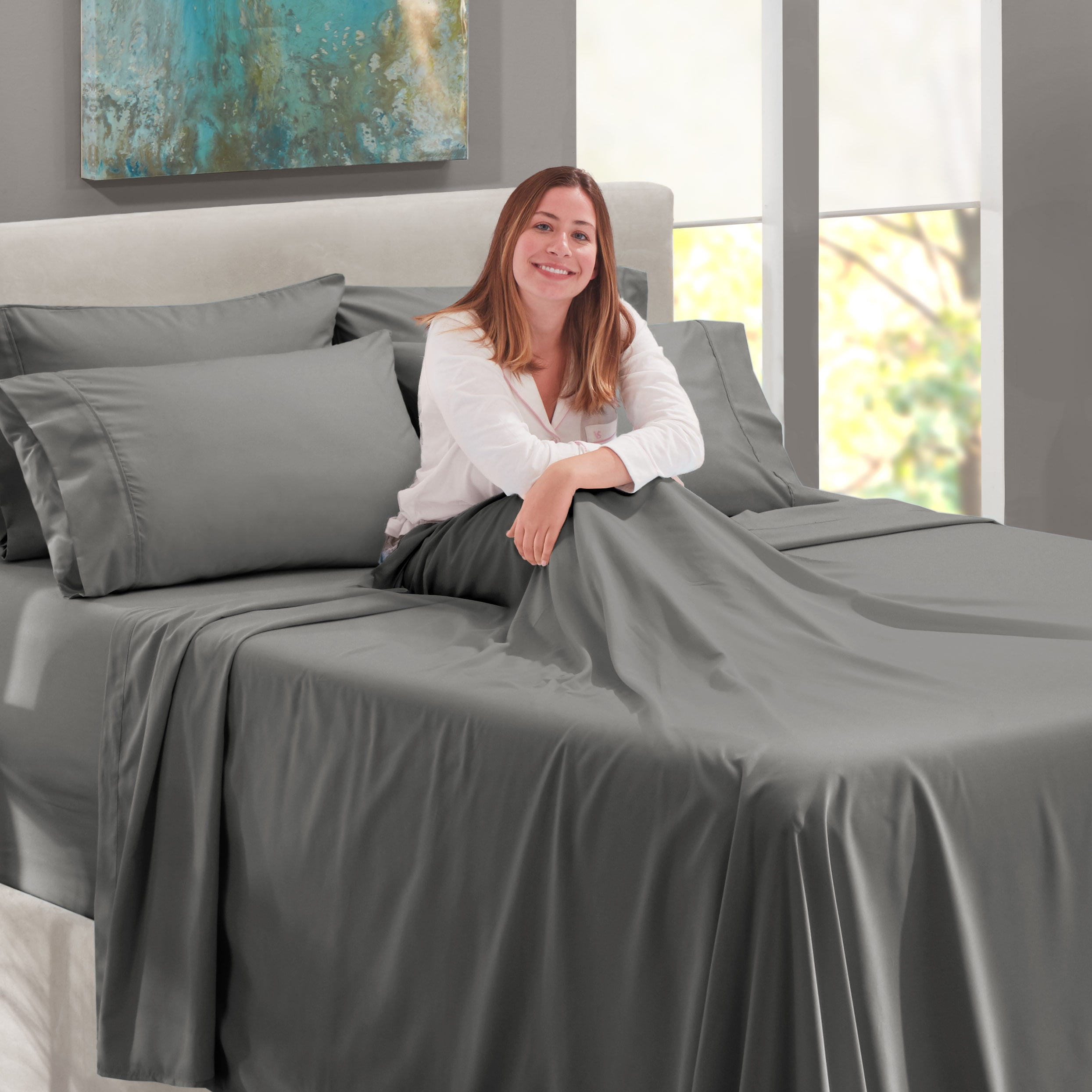 Nestl Extra Deep Pocket Queen Bed Sheet Set (Dark Gray, 6 Piece, Fits 18-24 in Mattresses) 4dk4x