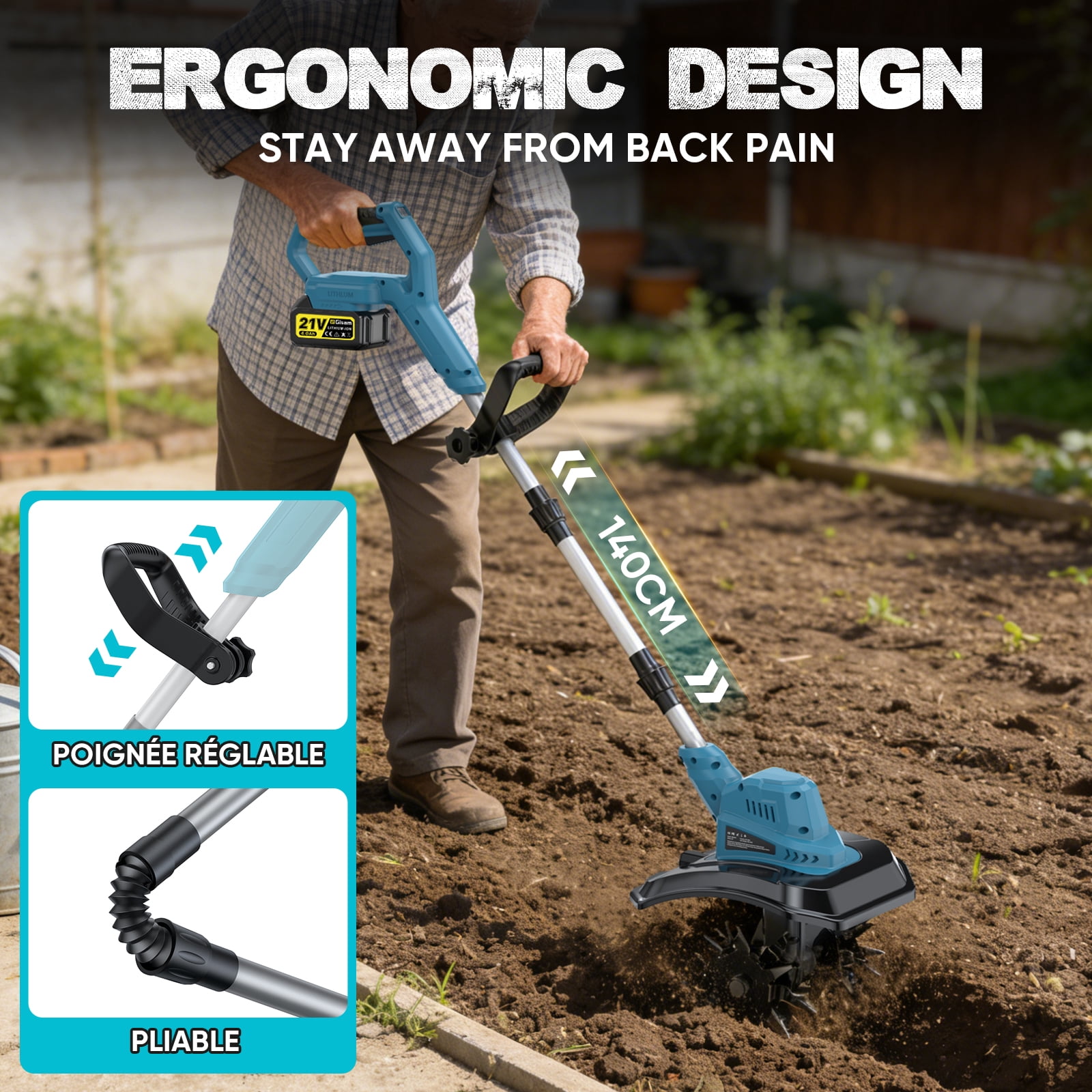 Gisam Cordless Electric Tiller Cultivator, High-Efficiency Garden Rototiller with Dual 4.0Ah Batteries, Adjustable Foldable Handle (9 in Width, 8.3 in Depth) k5ddl