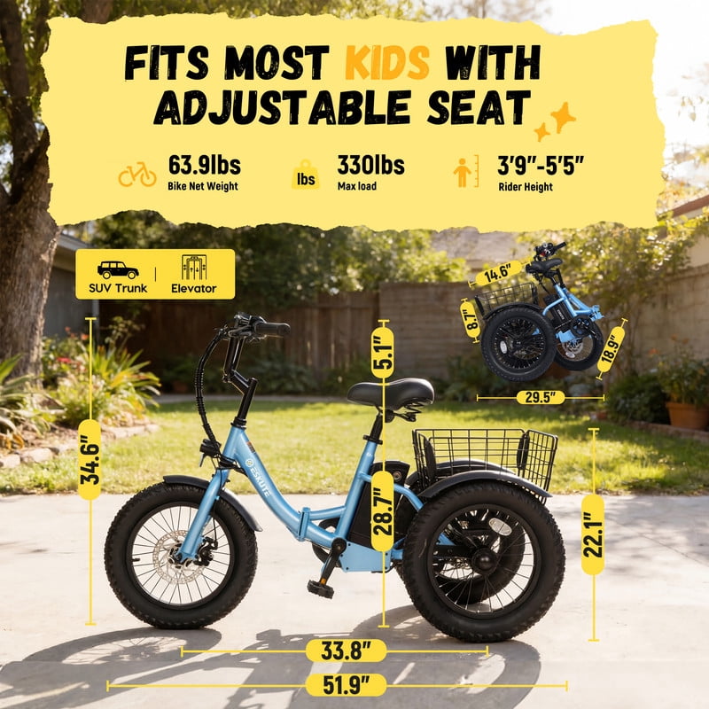 Elecby T300mini Electric Tricycle, 16 in Fat Tire Folding 3-Wheel E-Bike with 500W Motor (Blue) m1q5x