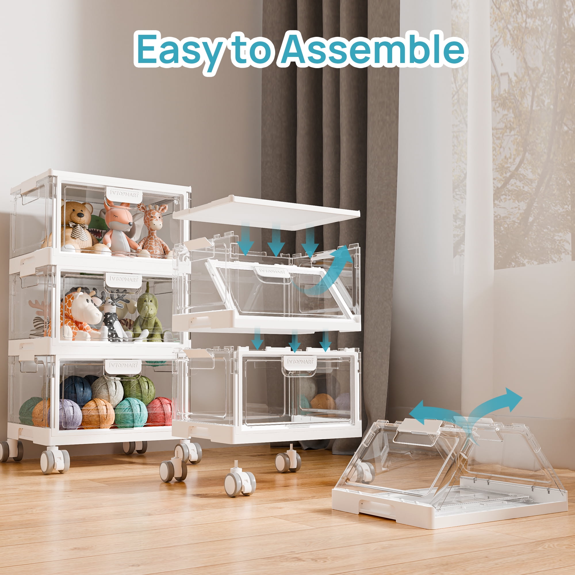 Sindcom 3-Layer Stackable Storage Bins, Foldable Large Organizer with Lids and Wheels (White, 72 qt) 51ap9