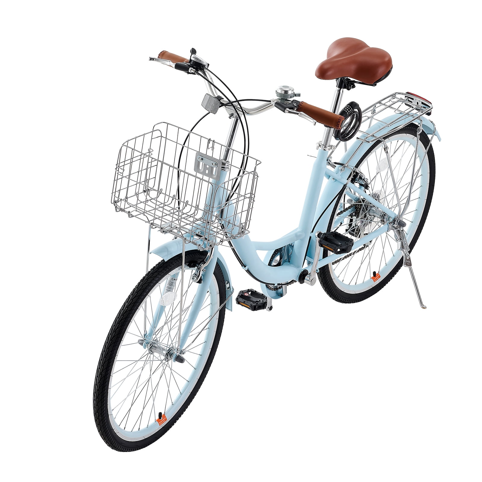KFFKFF 24 in Cruiser Bike, 7-Speed Coastal Bicycle with Basket and Rear Rack (Sky Blue, 24 in) i47h3