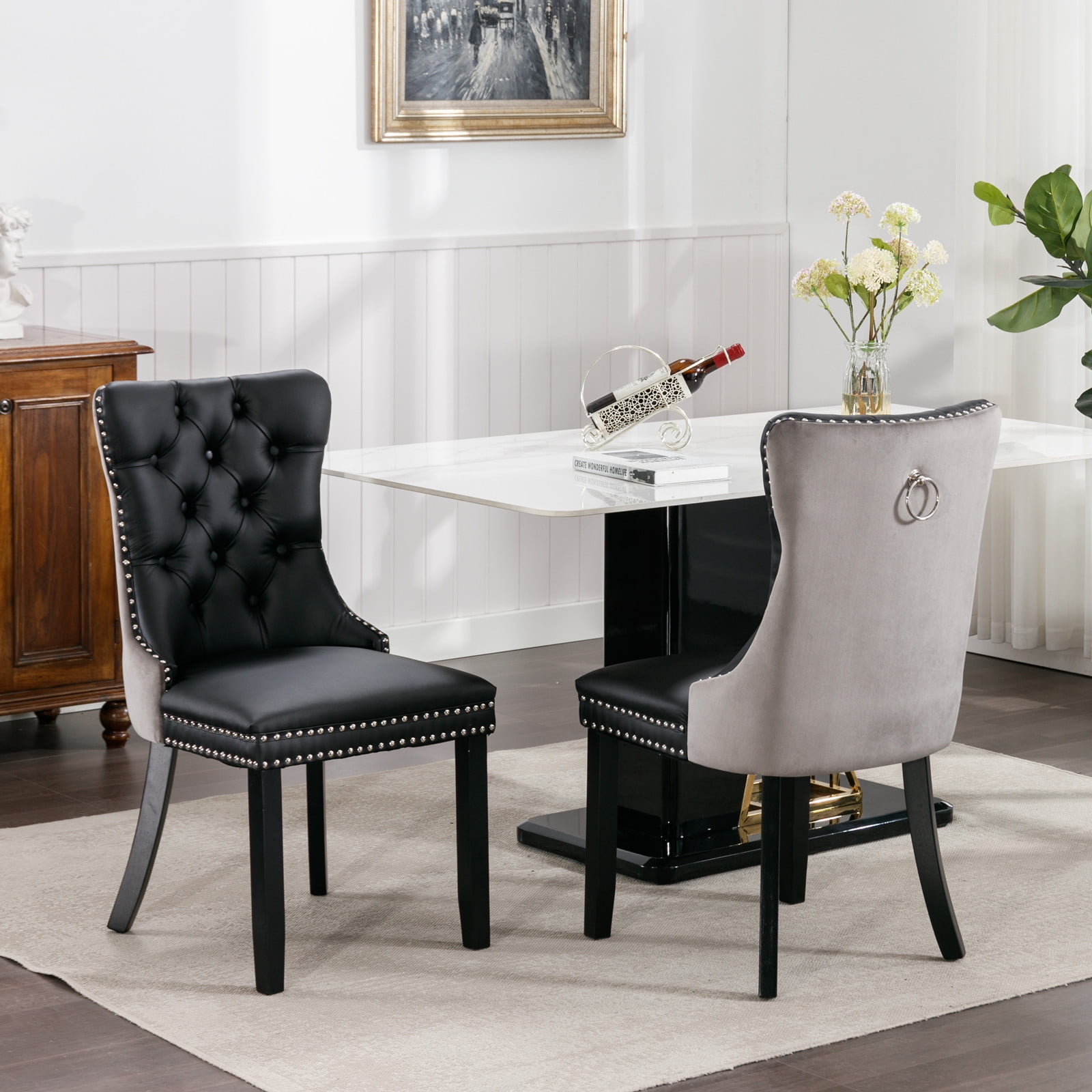 LegaHome Modern Upholstered Dining Chairs with Nailhead Trim and Solid Wood Legs (Gray and Black, Set of 4) veuq9