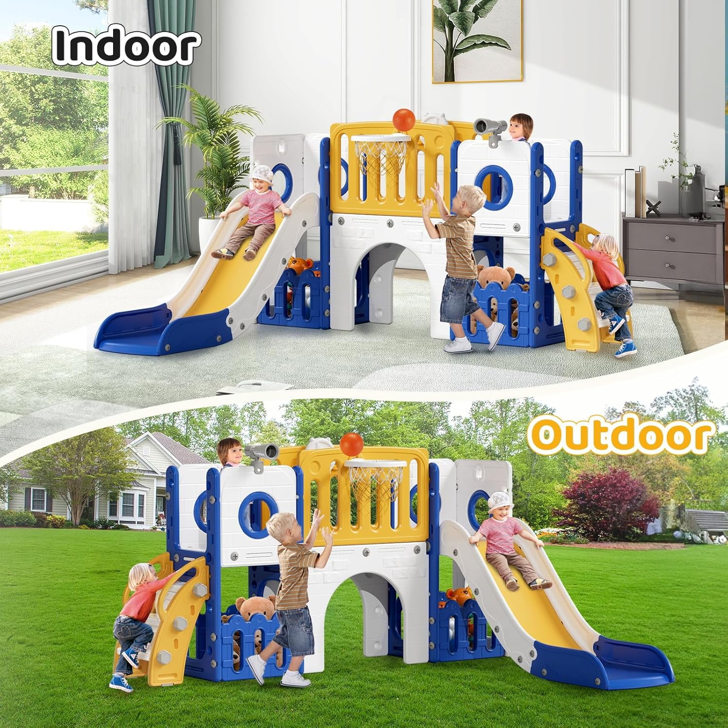 LAZY BUDDY 9-in-1 Toddler Slide and Climber Playset with Basketball Hoop and Storage (Blue) ifcey